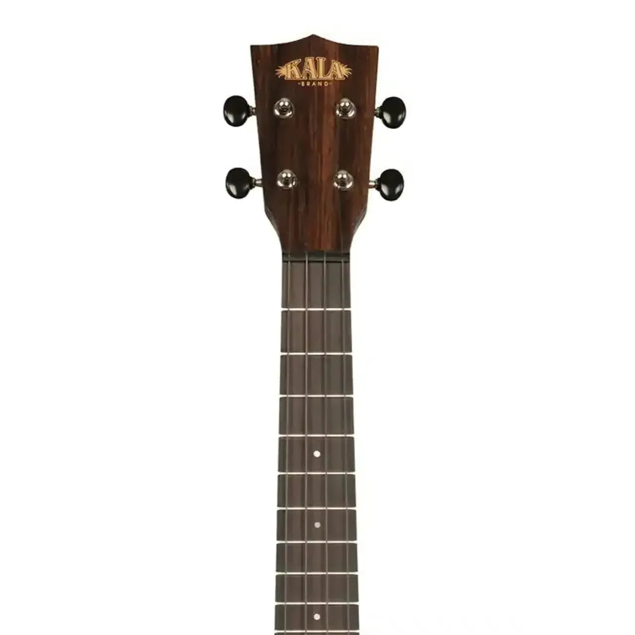 Kala Amara Tri-Top Tenor Ukulele headstock with dark wood, black tuners, and Kala logo.