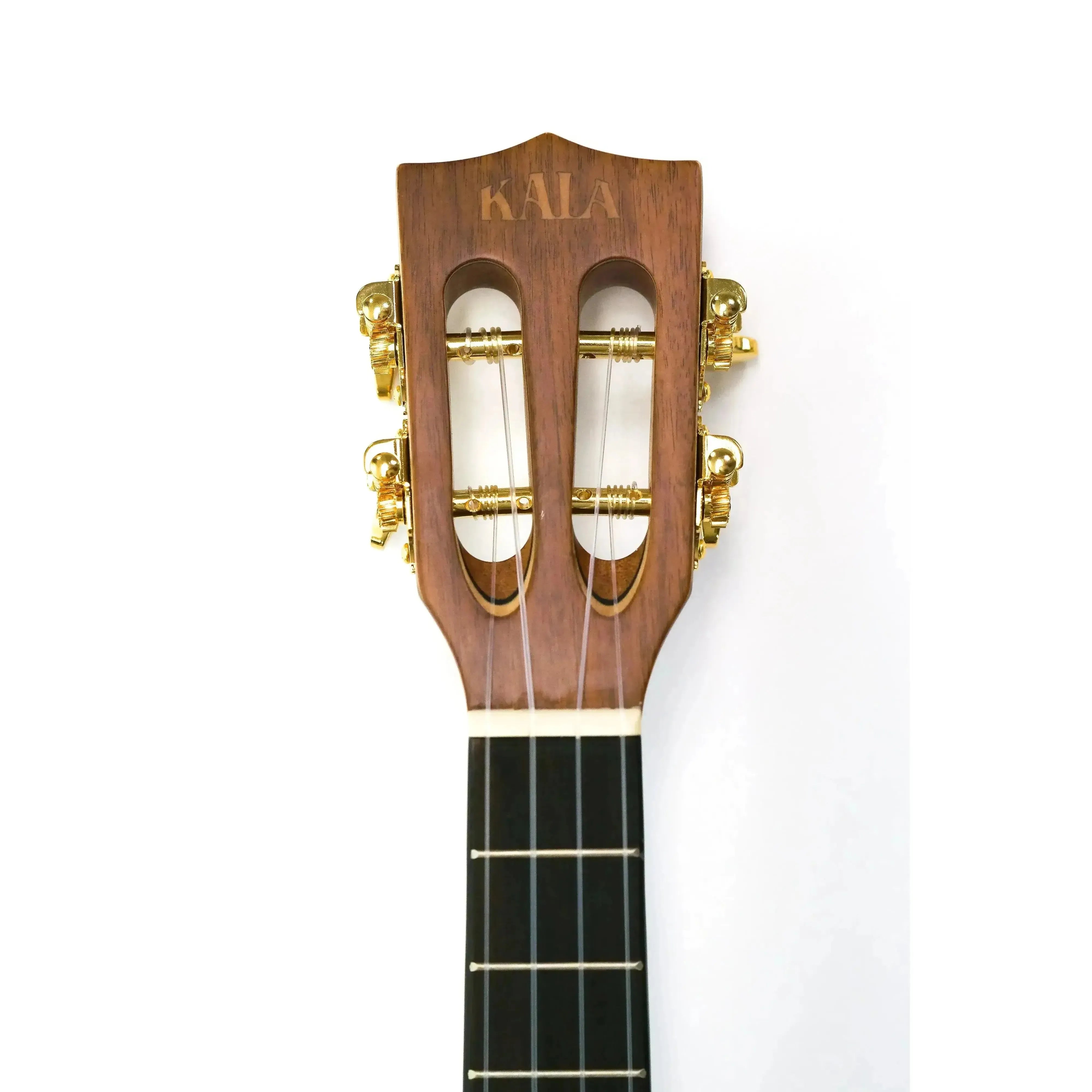 Kala tenor ukulele headstock with slotted design, gold tuners, and dark wood fretboard.