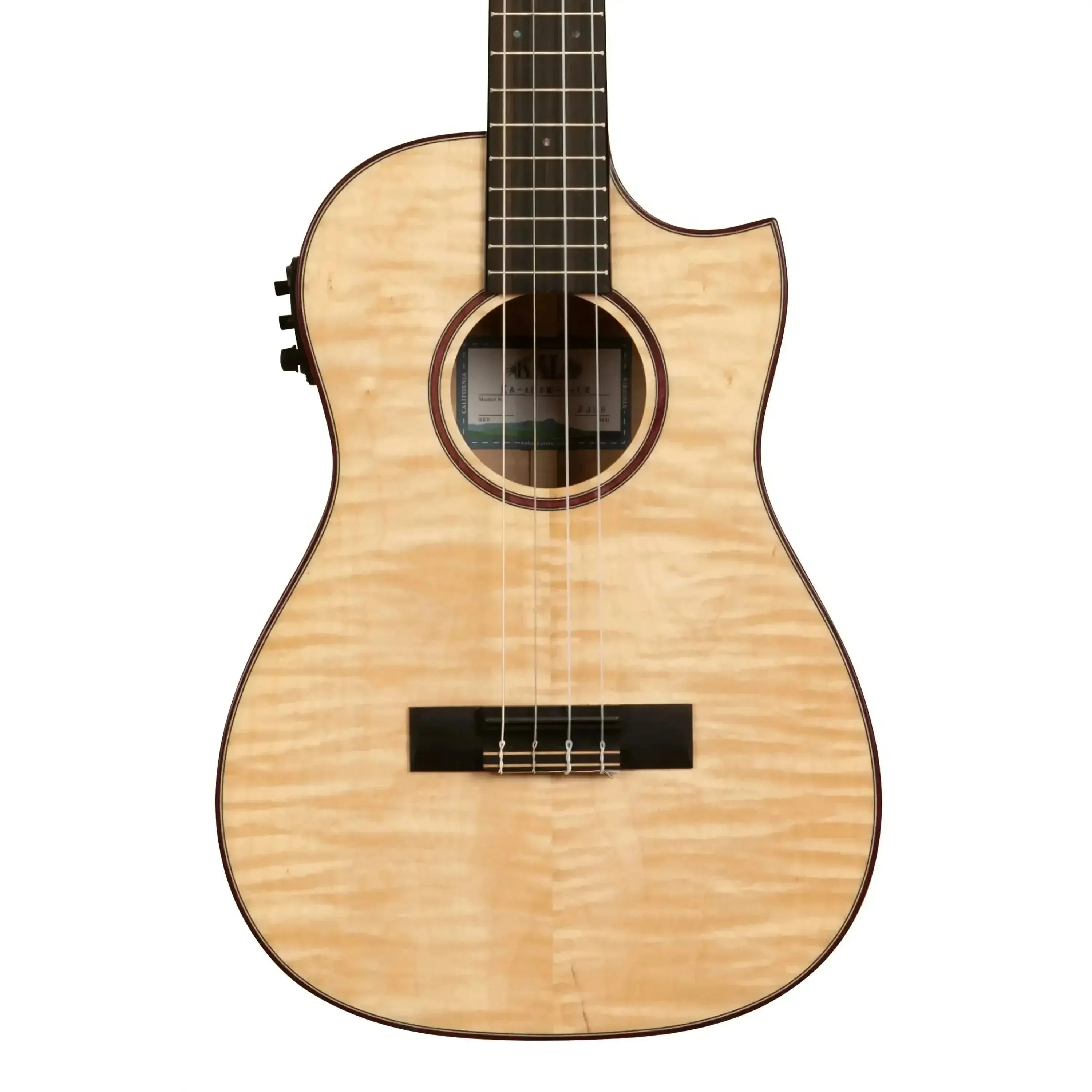 Kala ASFM-B-CE Baritone Ukulele with flamed maple body, Florentine cutaway, and purpleheart binding.