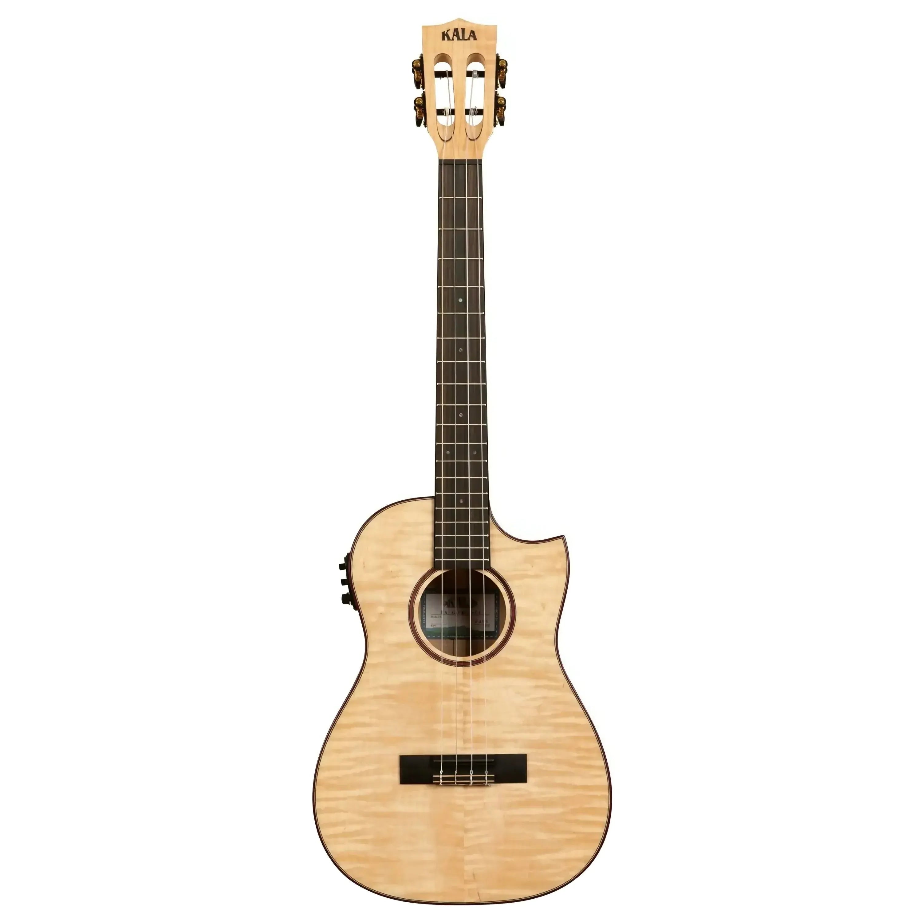 Kala ASFM-B-CE solid flamed maple baritone ukulele with Florentine cutaway and slotted headstock.