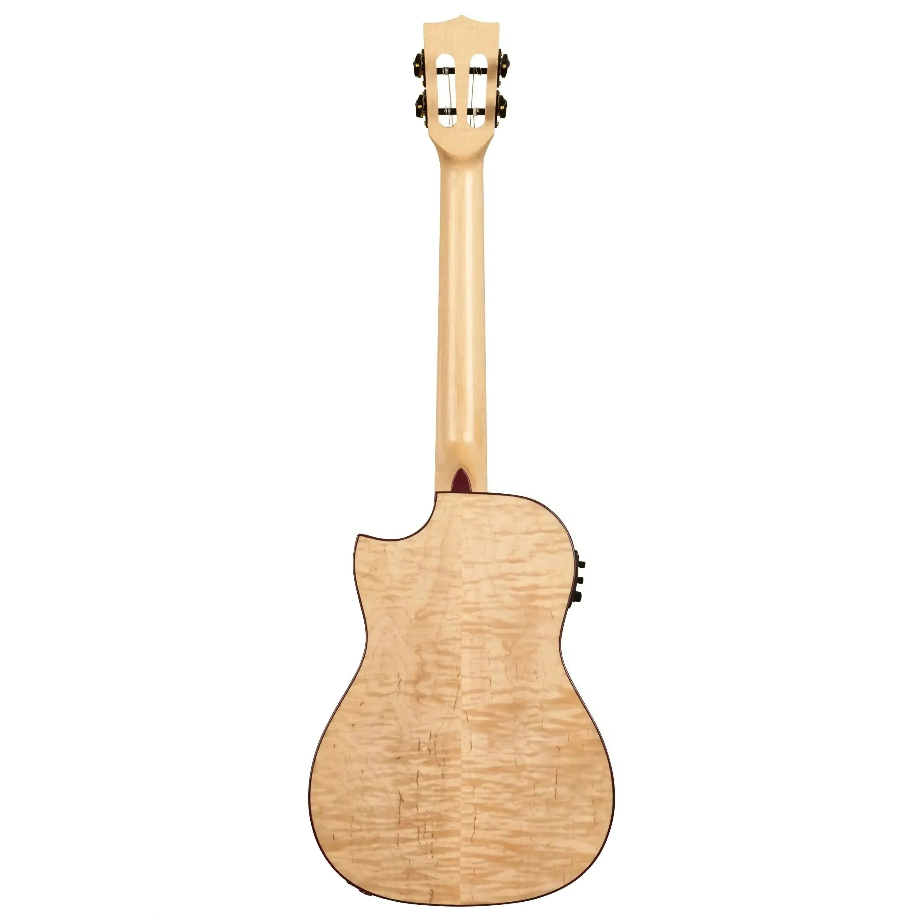 Kala ASFM-B-CE Baritone Ukulele, back view, showing flamed maple wood grain and Florentine cutaway.