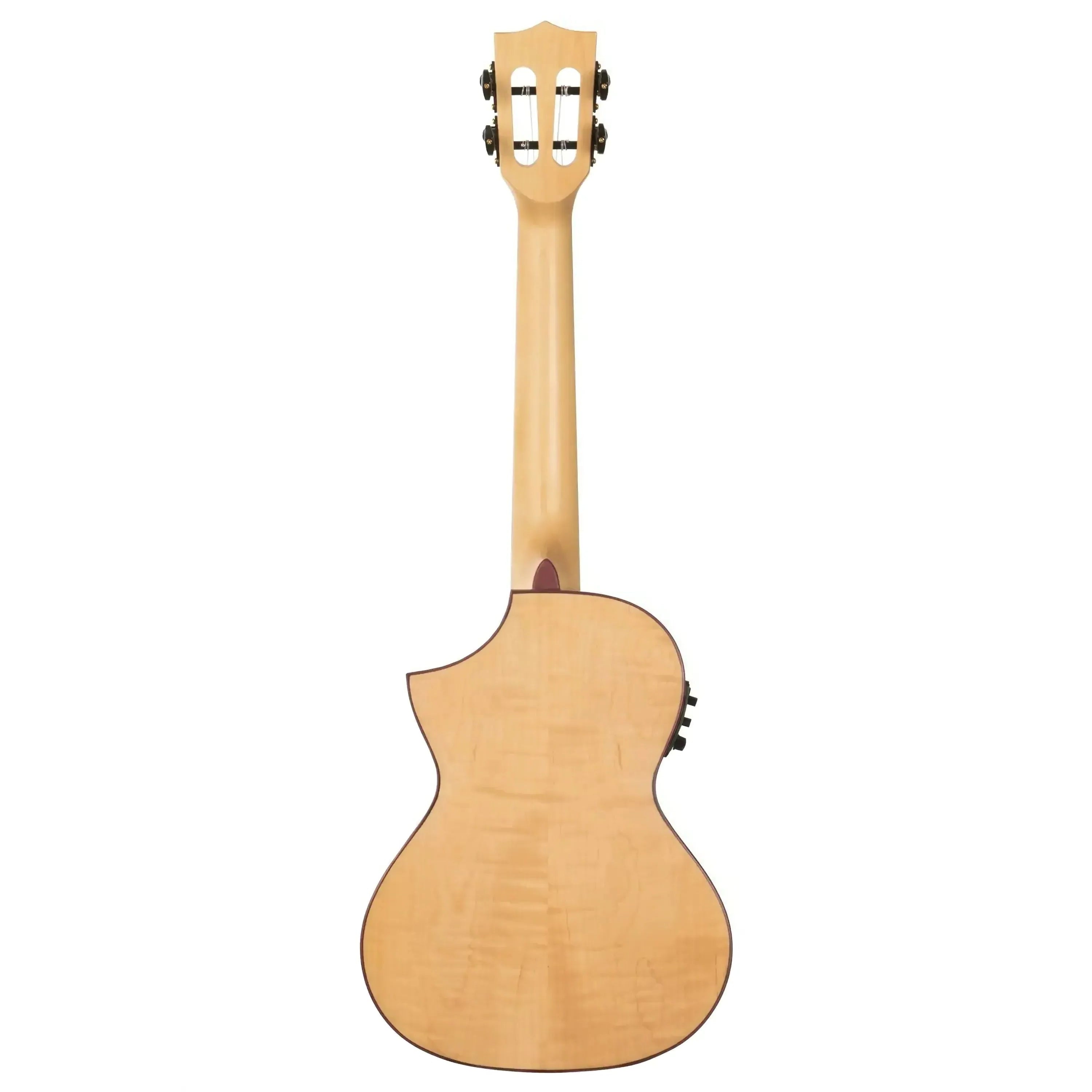 Kala Solid Flamed Maple Tenor Ukulele, back view, light wood with Florentine cutaway.