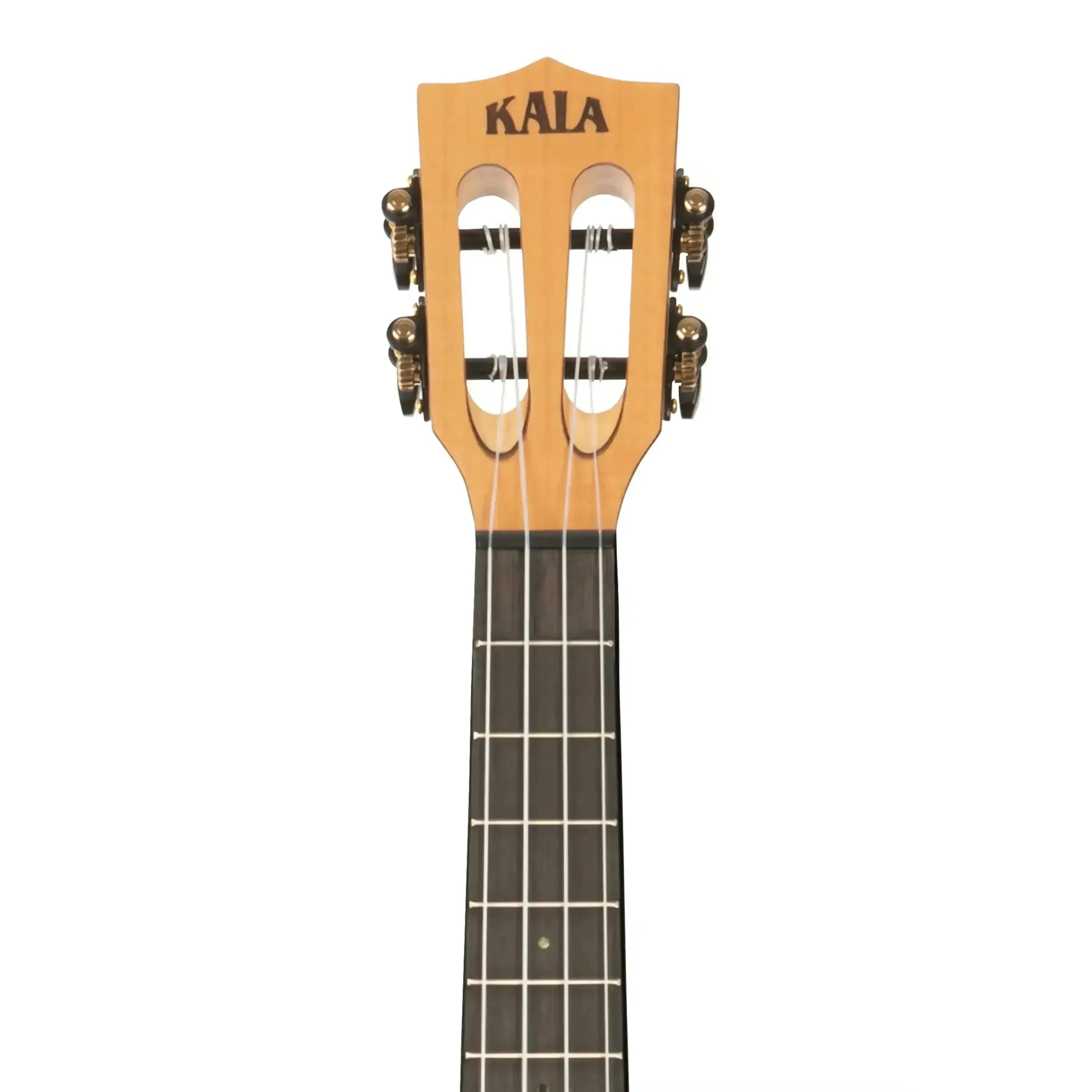 Kala Solid Flamed Maple Tenor Ukulele headstock with slotted design, gold tuners, and KALA logo.
