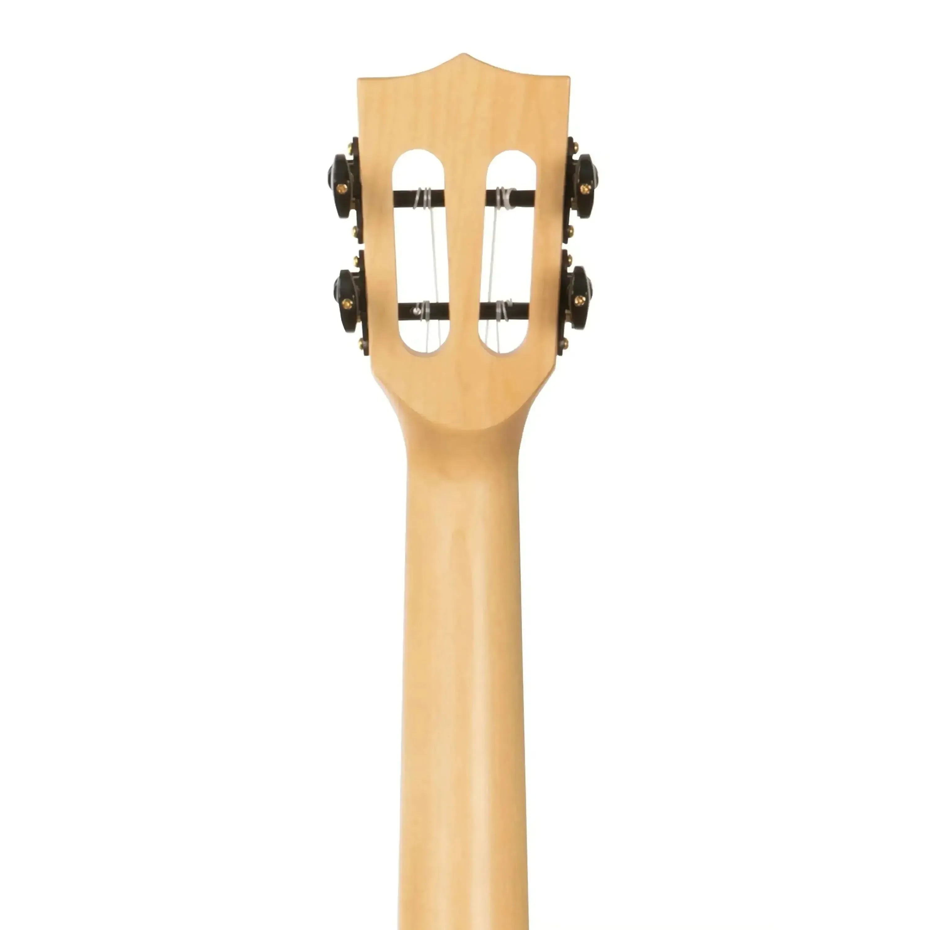 Back of Kala Solid Flamed Maple Tenor Ukulele neck with slotted headstock and black tuners.