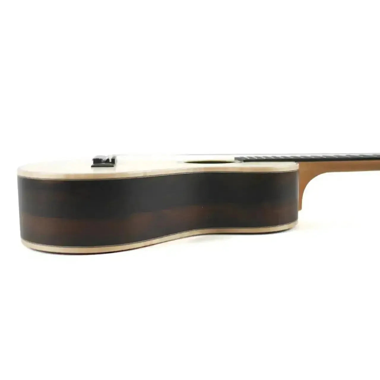 Kala ASZCT-ST Super Tenor Ukulele side view, showing light spruce top, dark ziricote back, and flamed maple binding.