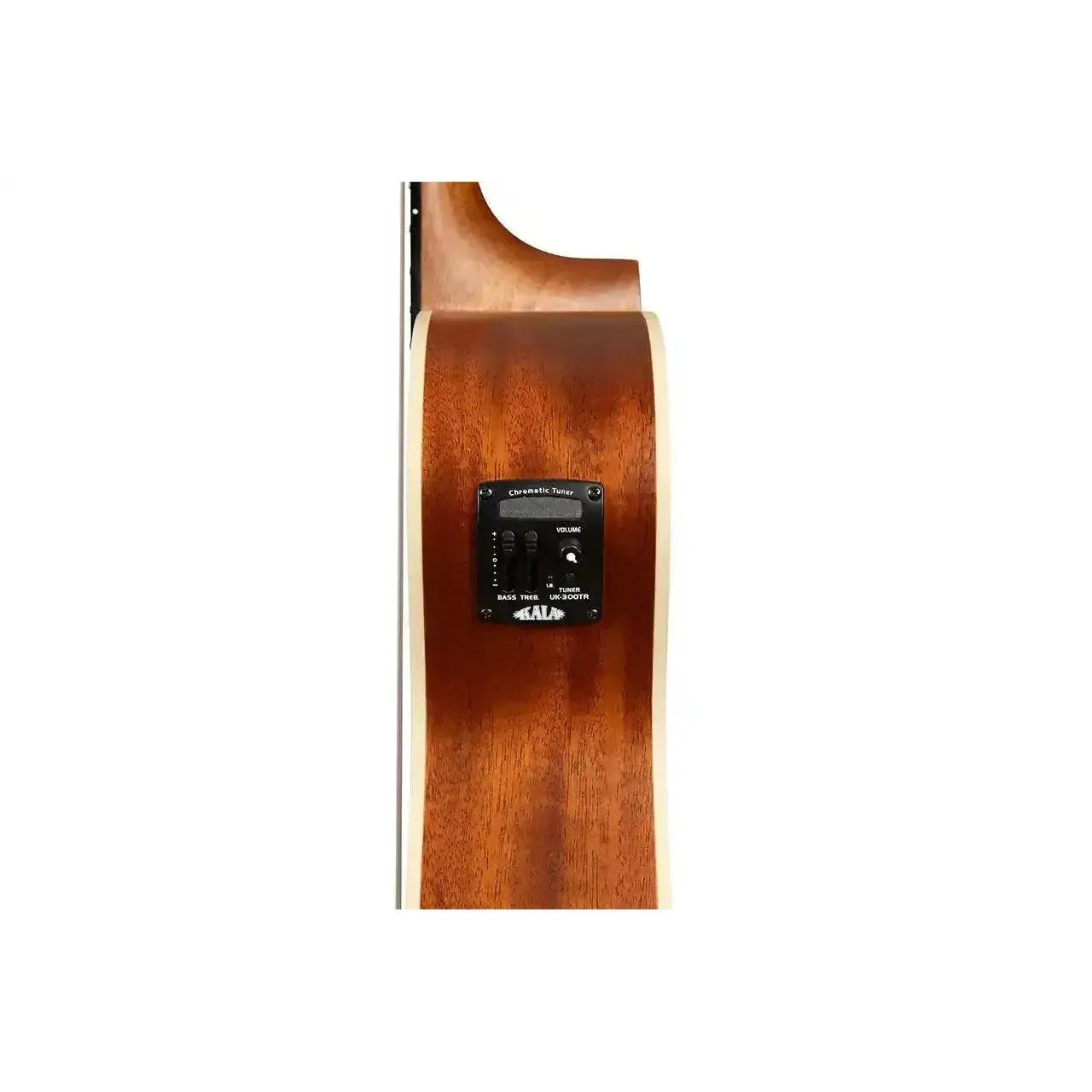 Kala BE/LH Left-Handed Baritone Ukulele's mahogany side with black EQ preamp and cream binding.