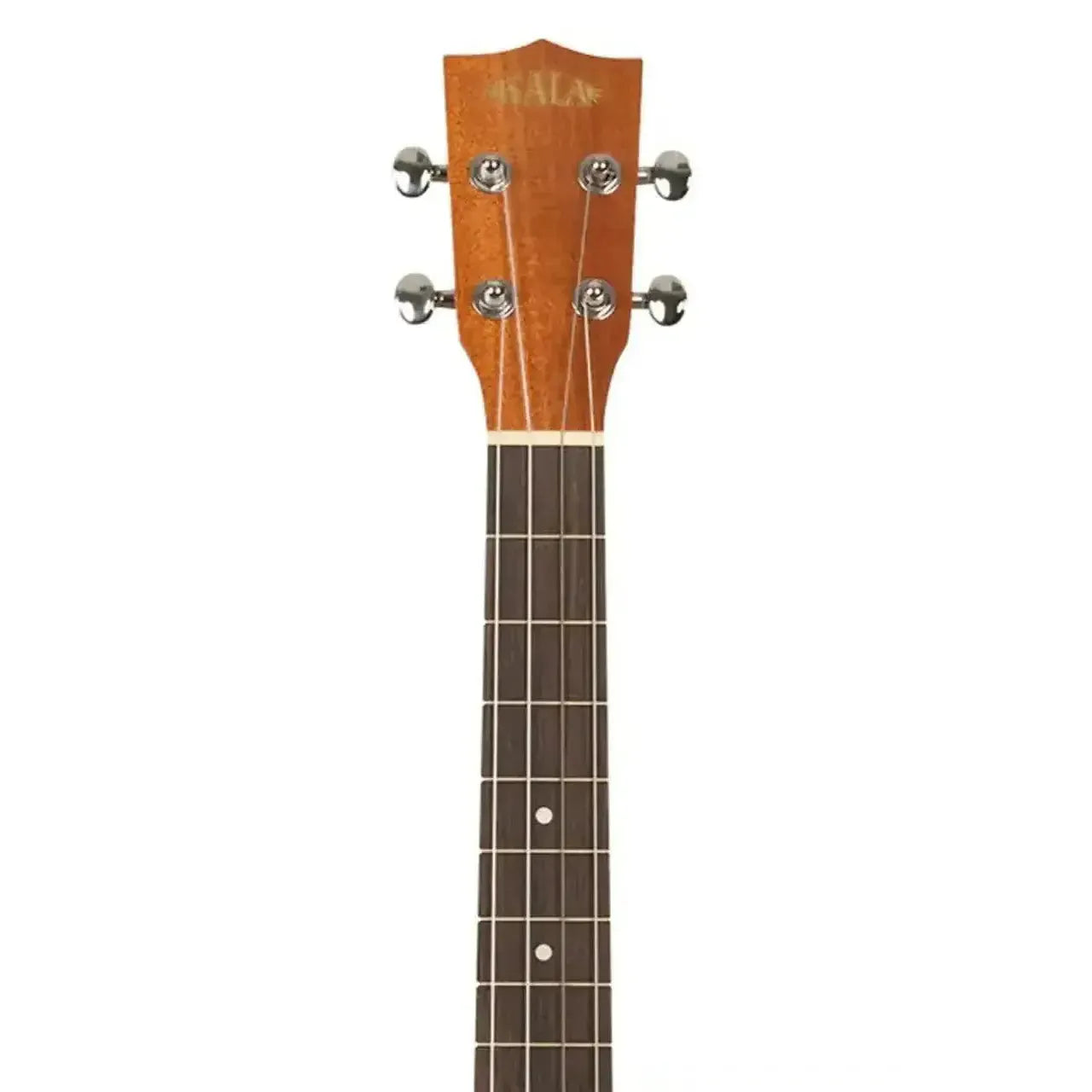 Kala BE/LH Left-Handed Baritone Ukulele headstock and fretboard, satin mahogany finish.