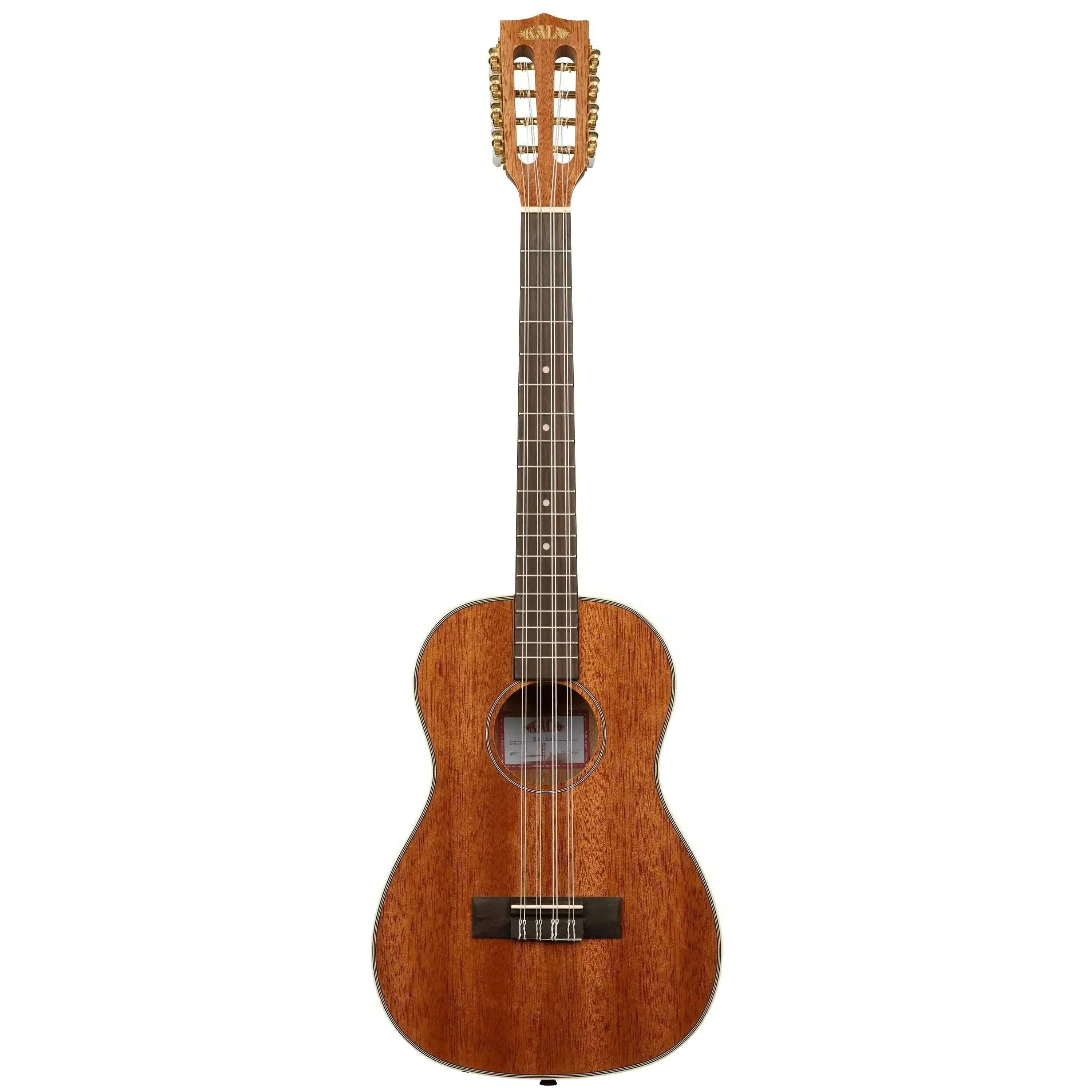 Kala BG8 Gloss Mahogany 8-String Baritone Ukulele, full front view, with cream binding.