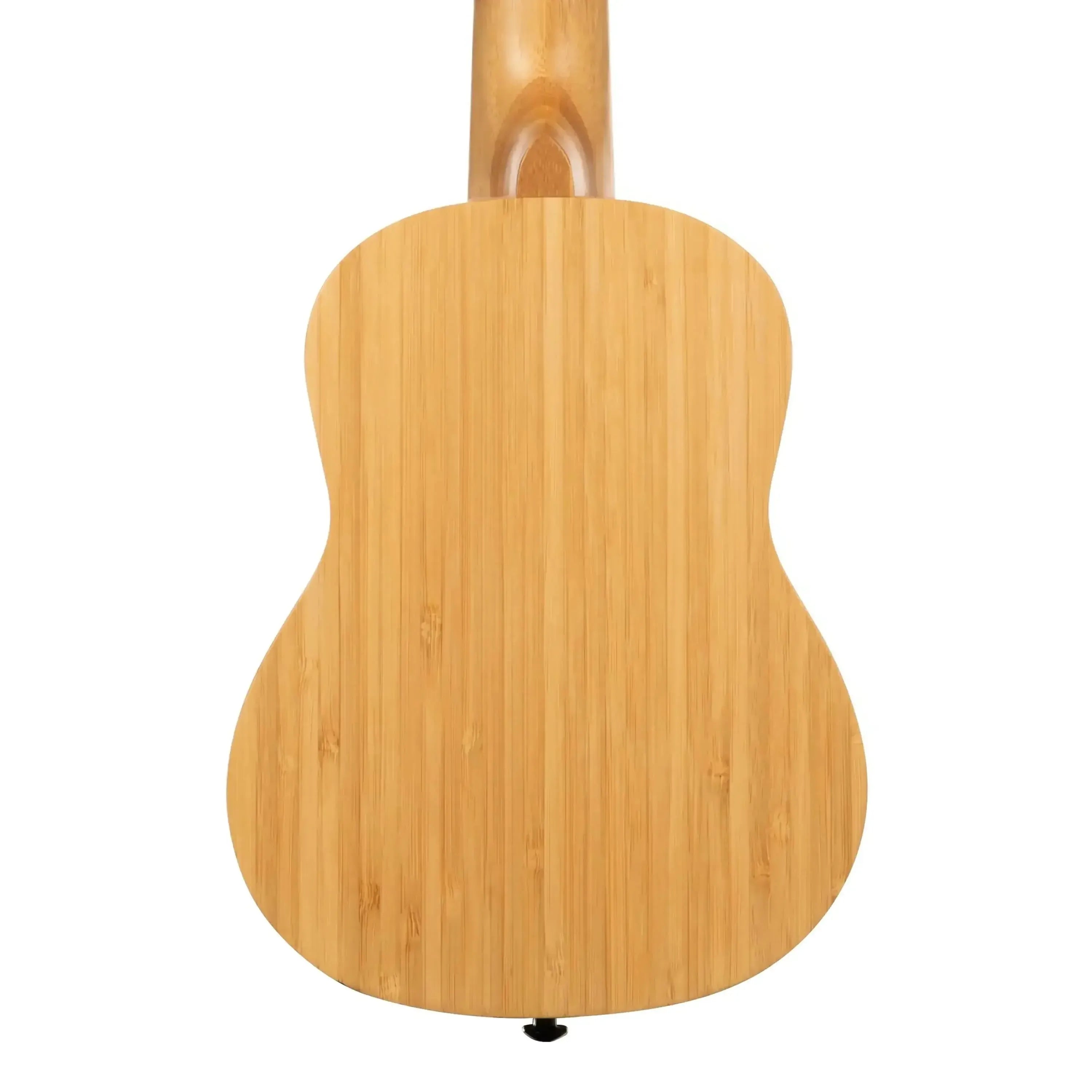 Kala BMB-S Solid Bamboo Soprano Ukulele, back view, natural wood grain, light brown.