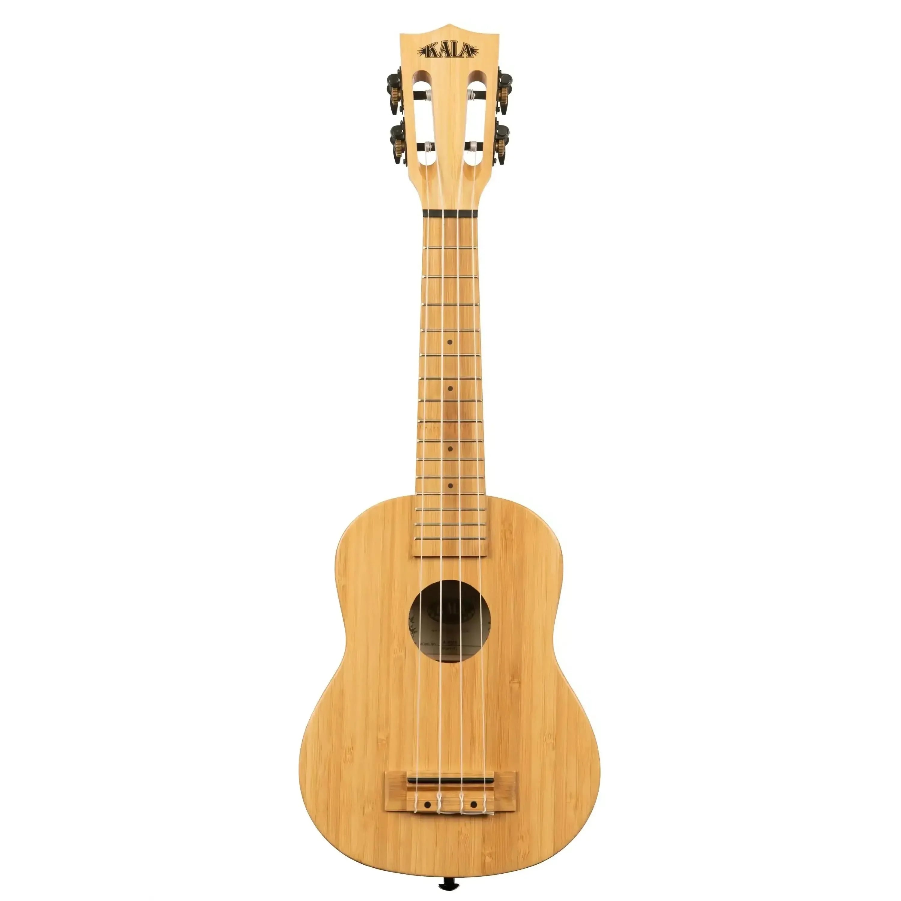 Kala BMB-S Solid Bamboo Soprano Ukulele with light wood grain, slotted headstock, and black tuners.