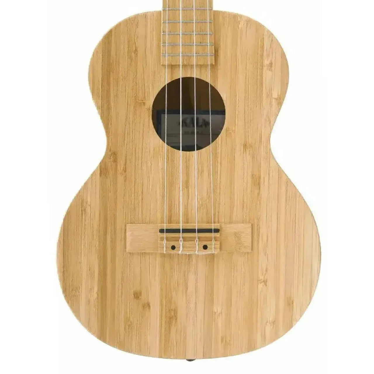 Kala BMB-T Solid Bamboo Tenor Ukulele, light wood grain, round soundhole, white strings.