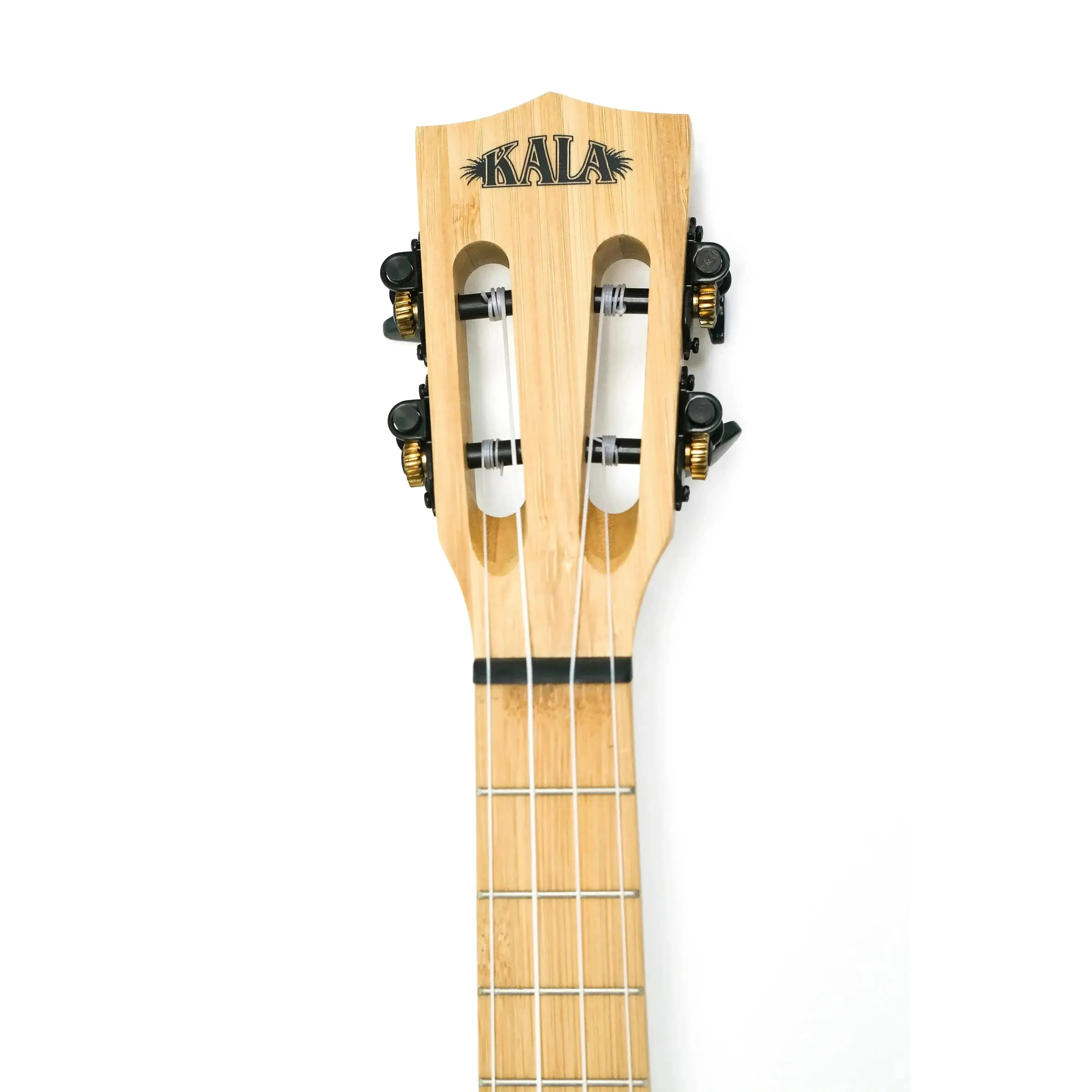 Kala BMB-T Solid Bamboo Tenor Ukulele headstock with slotted design, black tuners, and gold accents.
