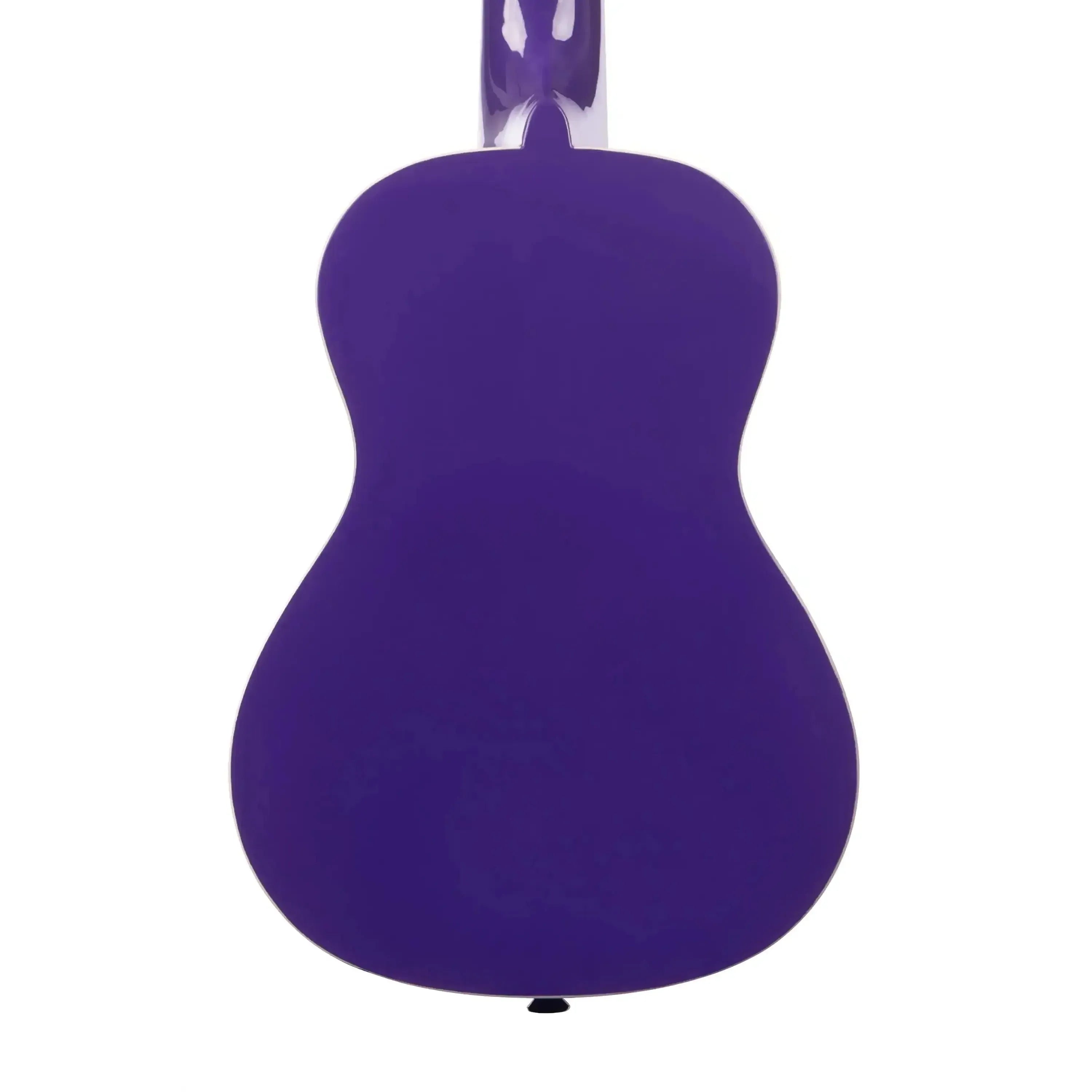 Back of a glossy purple Kala CANDY-BER Concert Ukulele, showing its smooth basswood body.