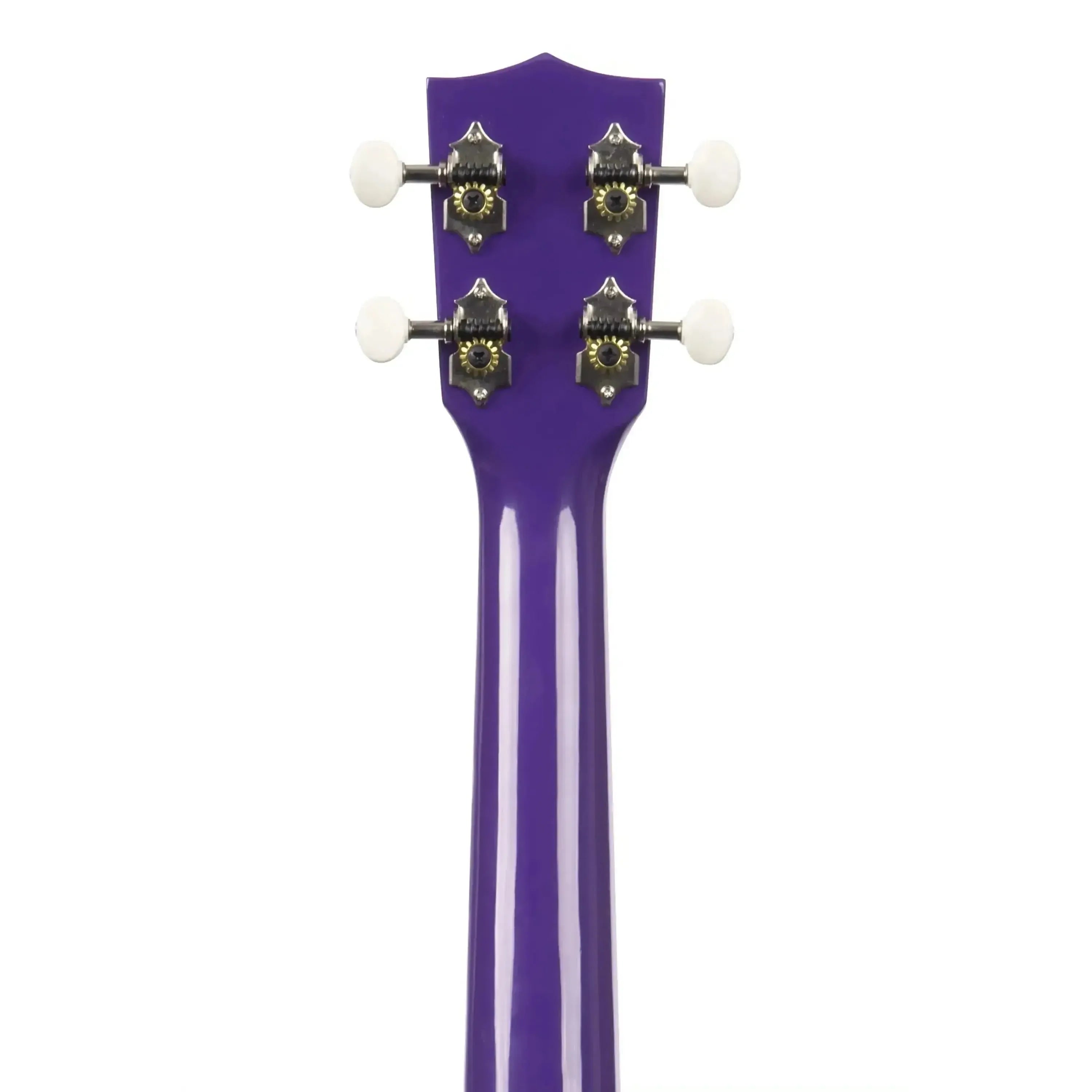 Kala CANDY-BER Blackberry Concert Ukulele headstock and neck, glossy purple finish, white tuning pegs.