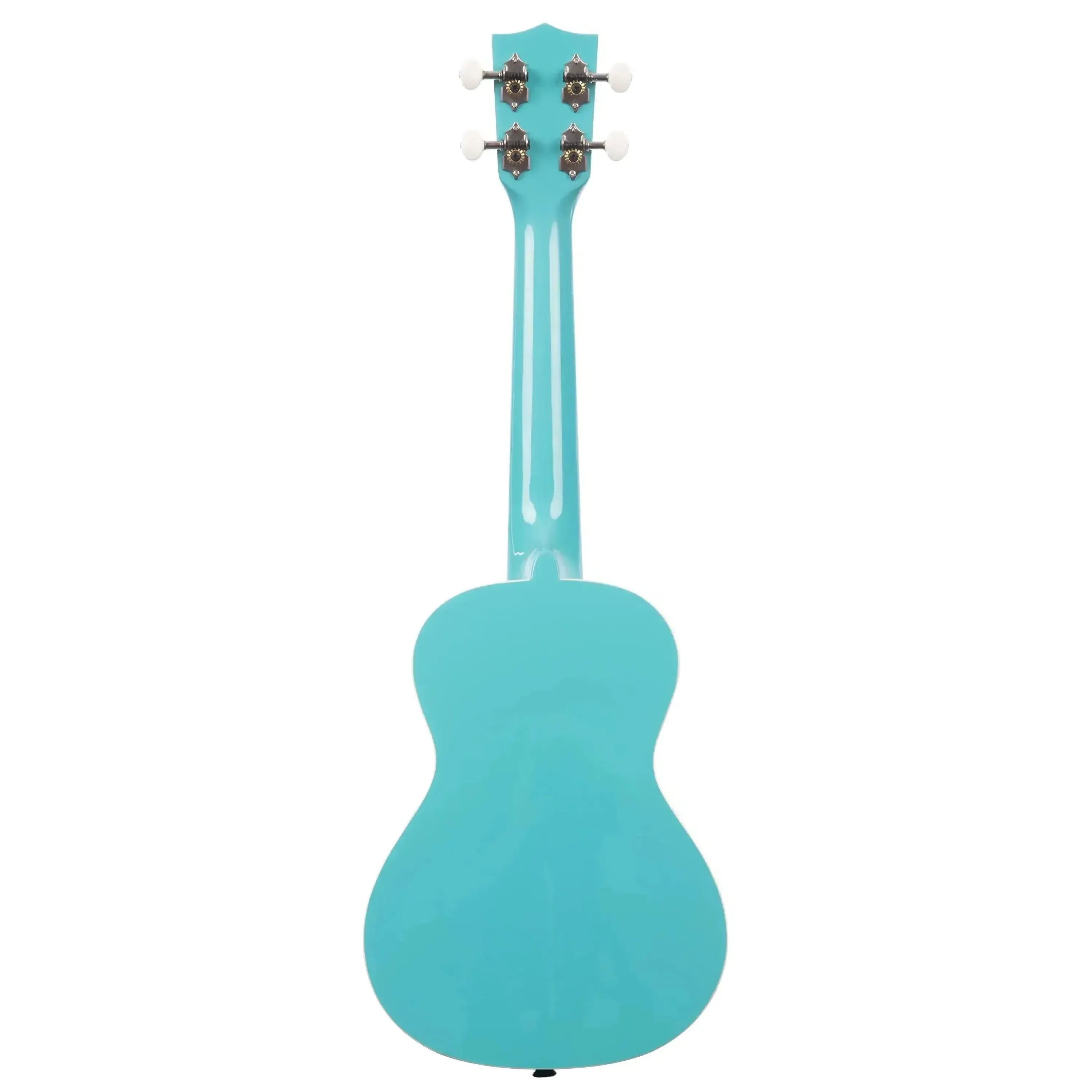 Back of a glossy Kala CANDY-BLU Concert Ukulele in cotton candy blue with white tuning pegs.