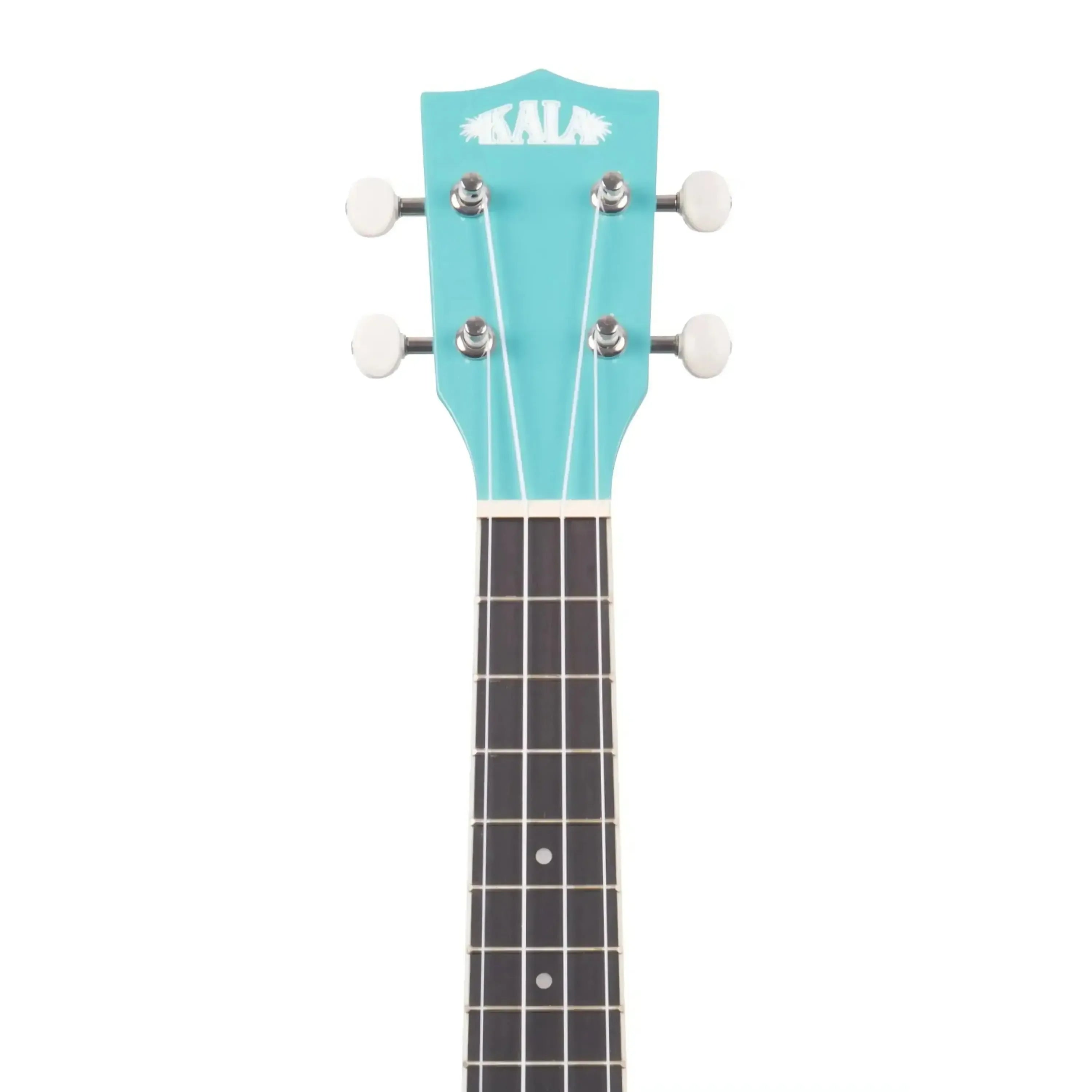 Kala CANDY-BLU Concert Ukulele headstock in cotton candy blue with white tuning pegs.