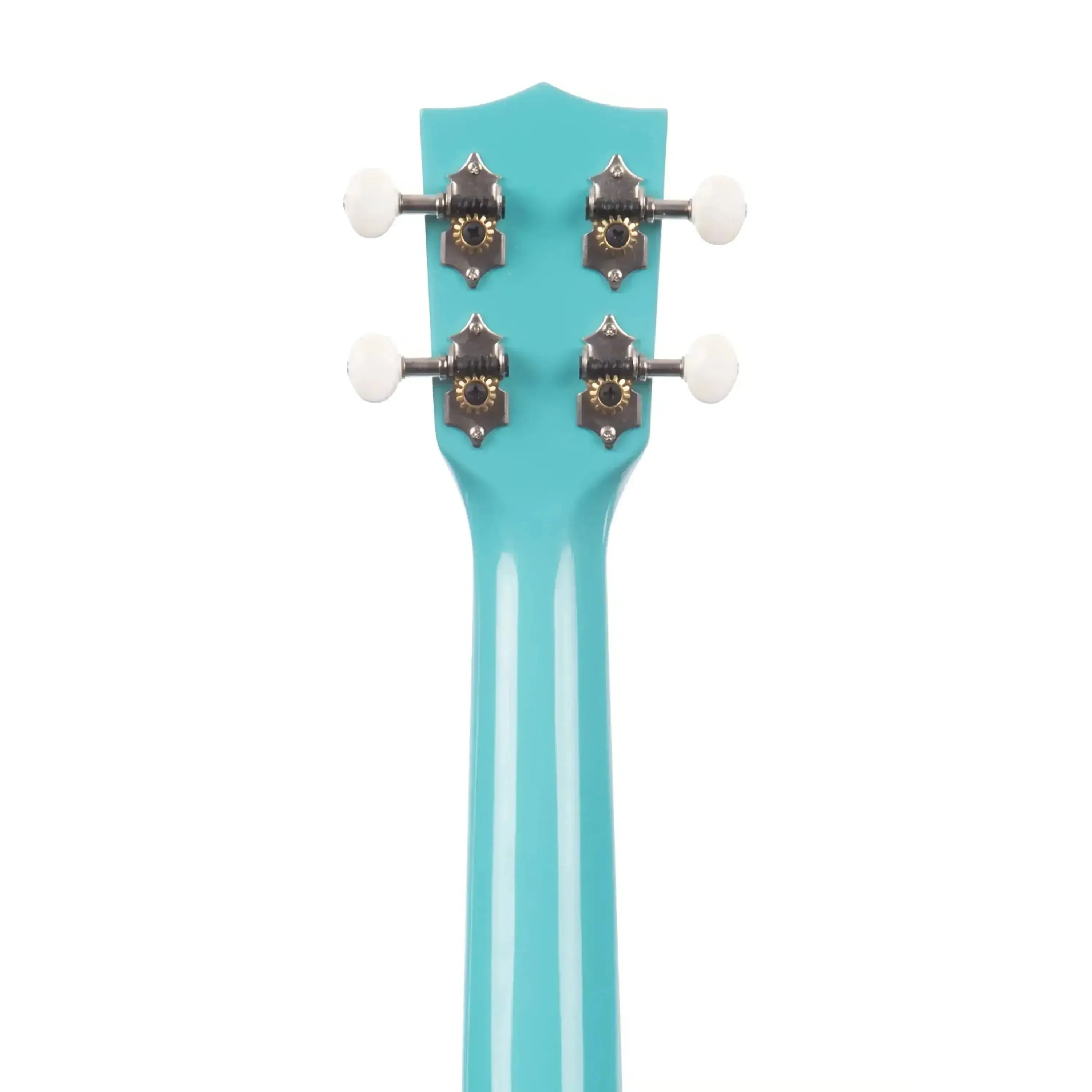 Back of Kala CANDY-BLU Concert Ukulele headstock and neck, glossy cotton candy blue finish, white tuning pegs.