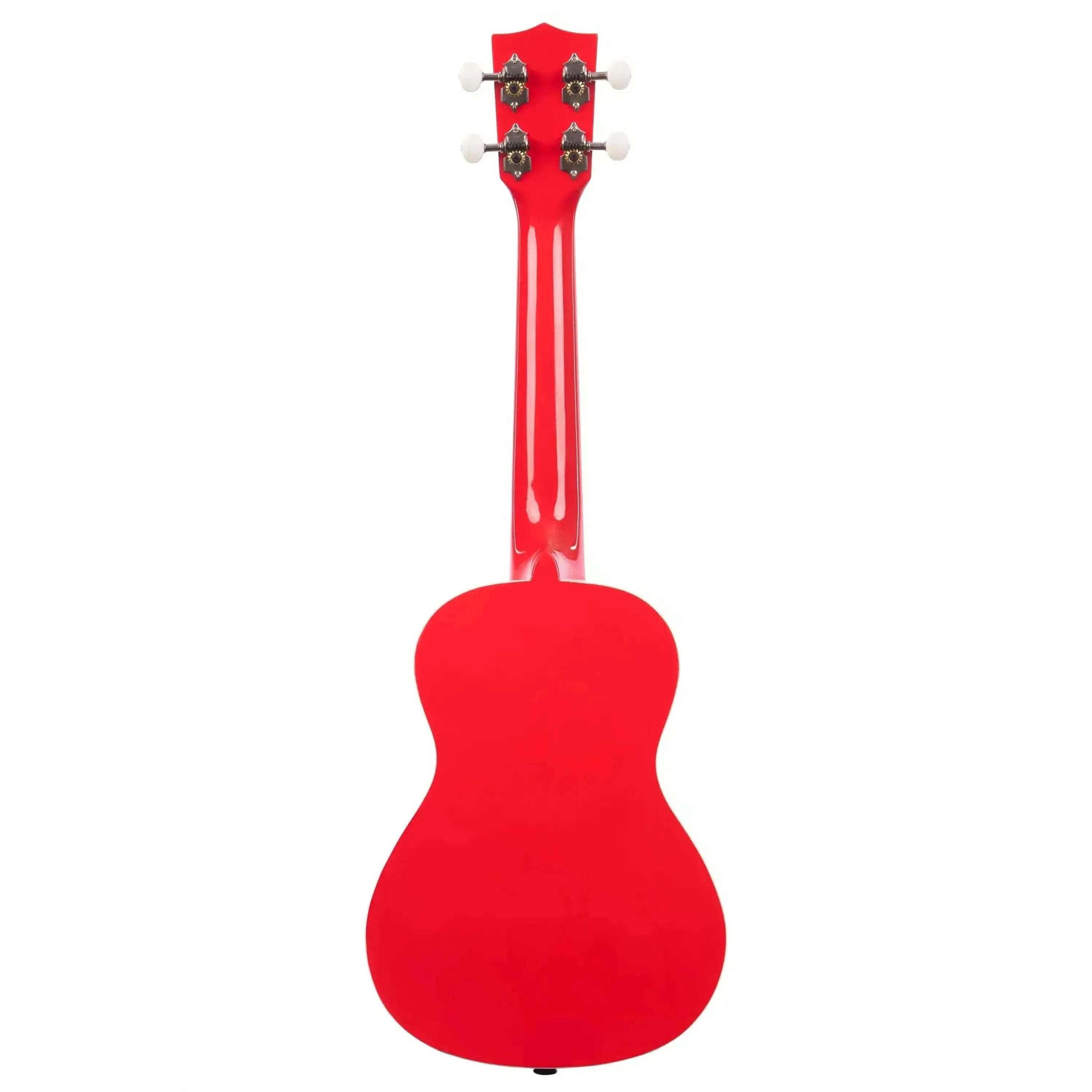 Back of a glossy Candy Apple Red Kala Concert Ukulele with a mahogany neck and white tuning pegs.