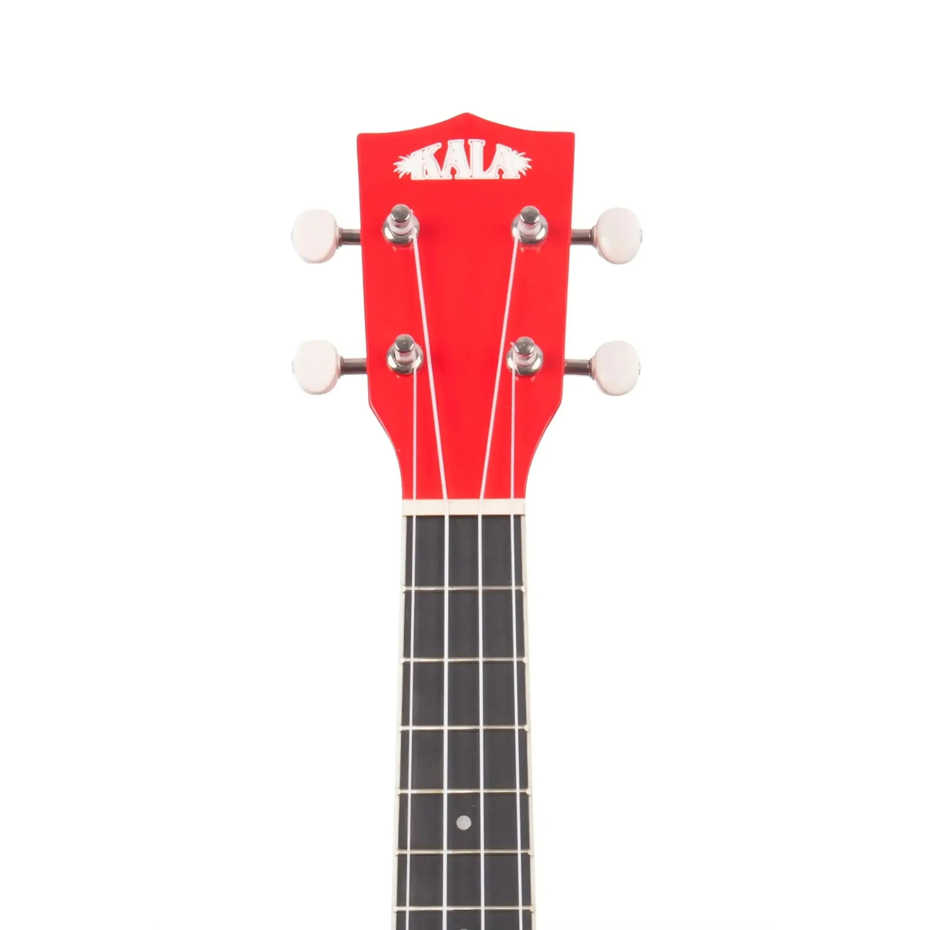 Kala CANDY-CAR Candy Apple Red Concert Ukulele headstock with white tuners and black fingerboard.