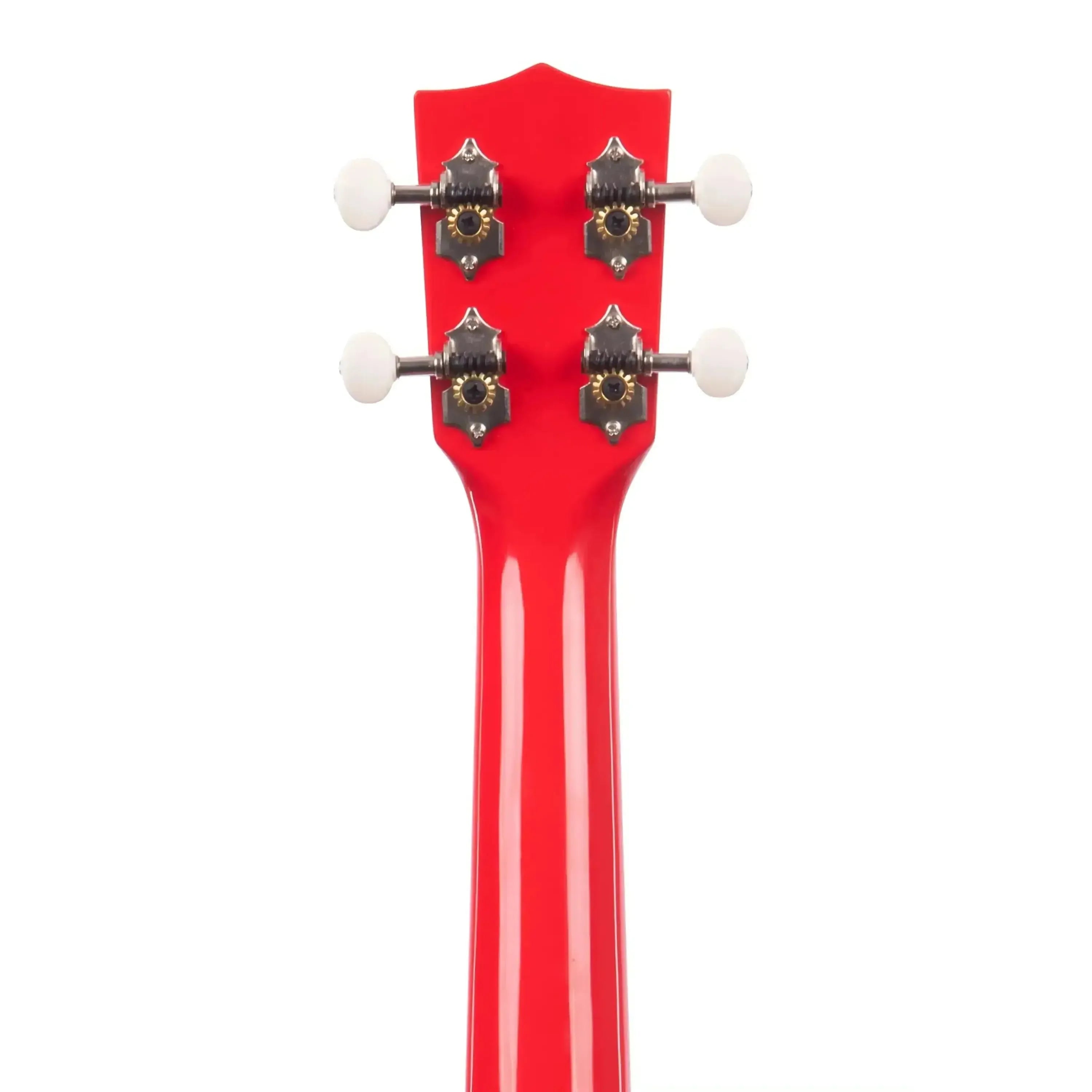 Kala CANDY-CAR Concert Ukulele headstock and neck in glossy candy apple red with white tuning pegs.