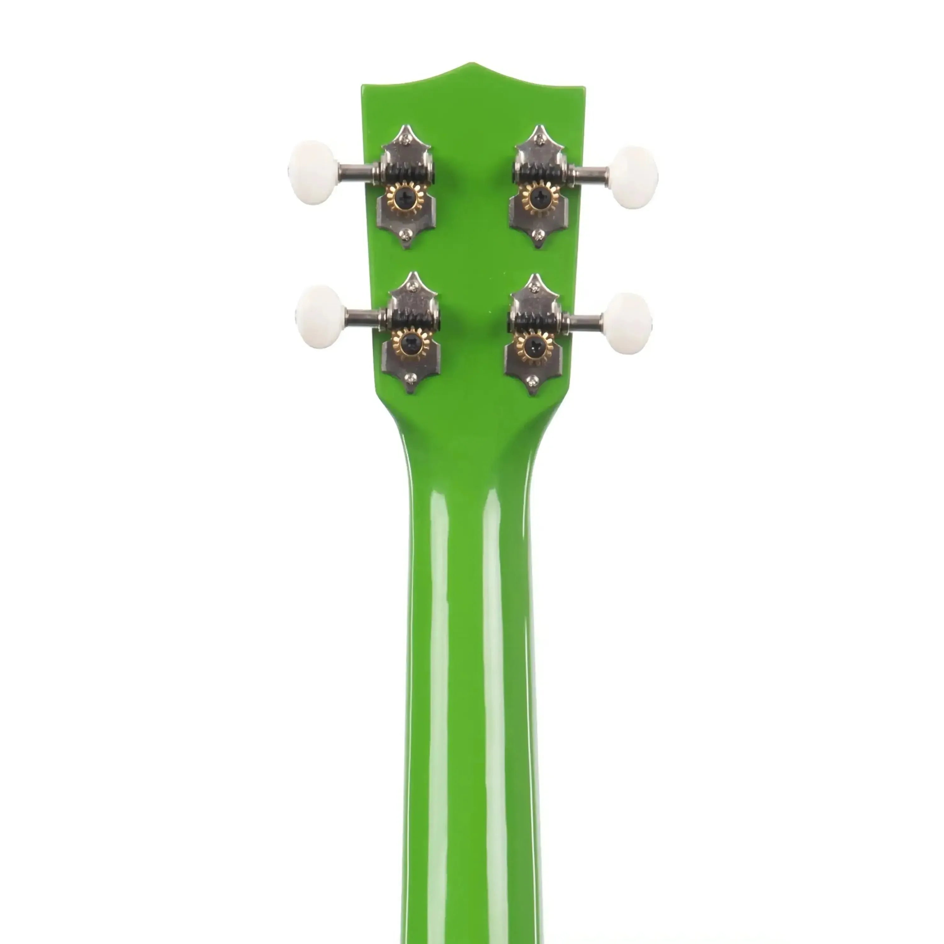 Back of a Kala CANDY-KEY Key Lime Concert Ukulele headstock and neck, showing green high-gloss finish and white tuning pegs.