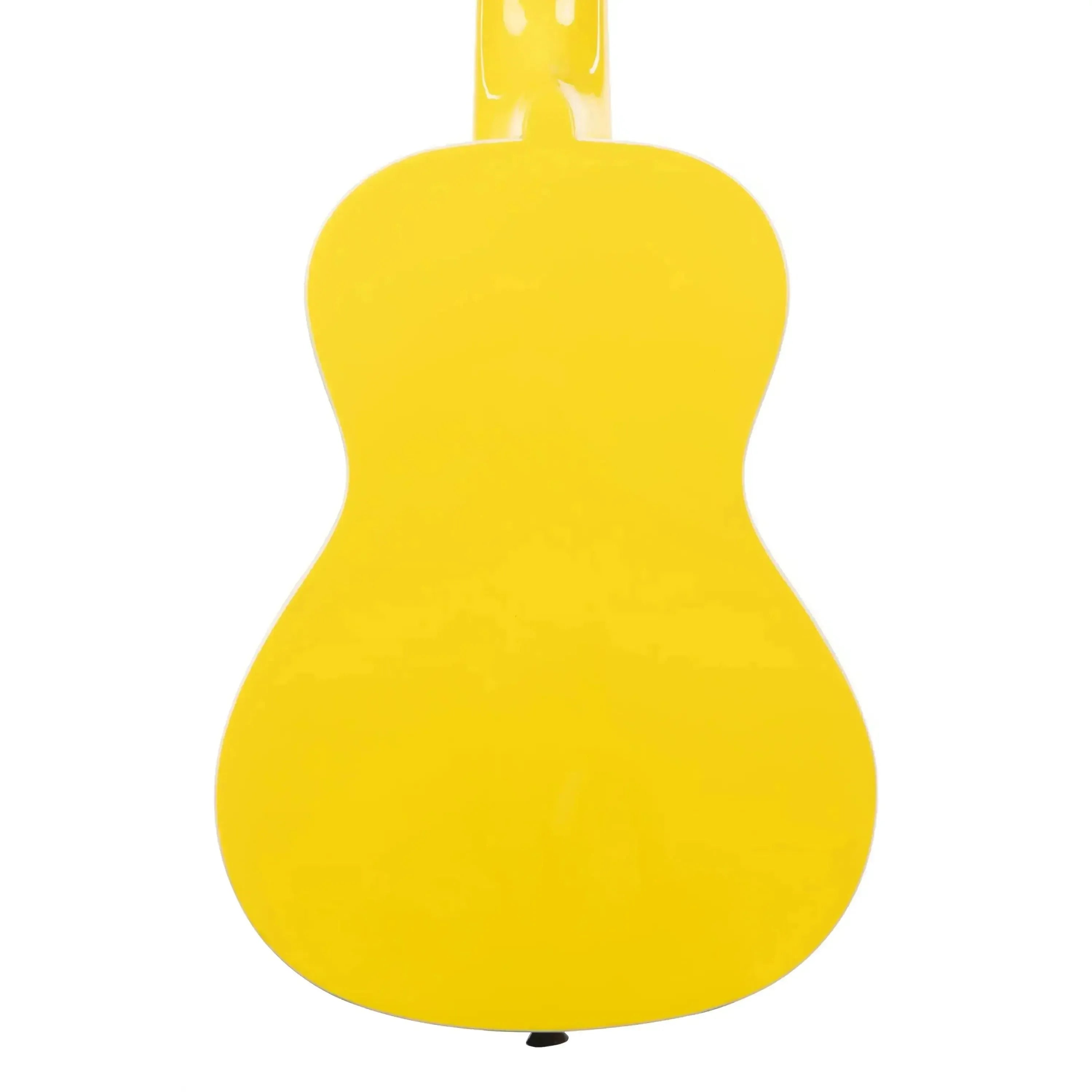 Back of a glossy lemon yellow Kala CANDY-LEM Concert Ukulele, highlighting its basswood body.