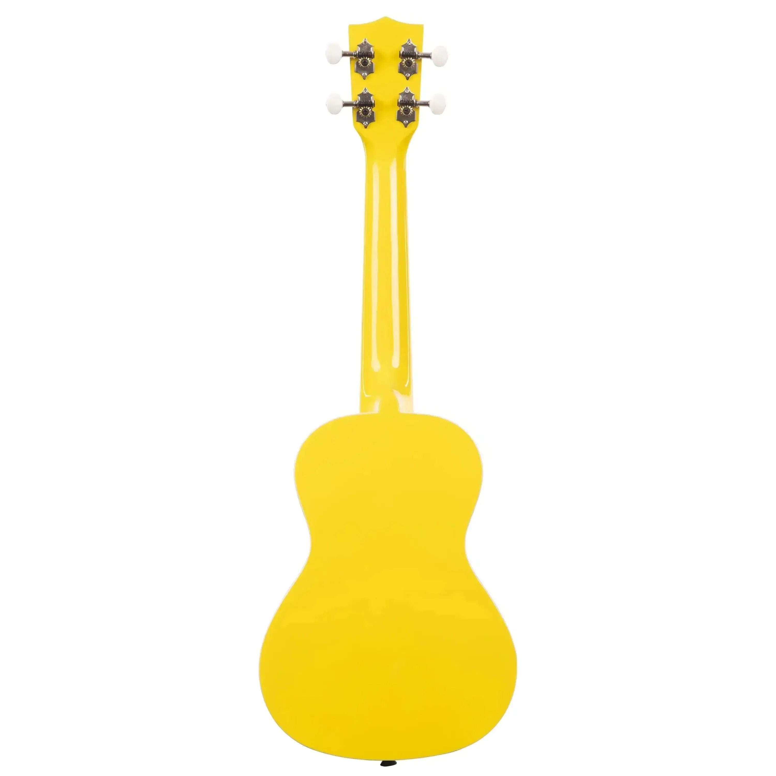 Back of a glossy lemon yellow Kala CANDY-LEM Concert Ukulele with white tuning pegs.