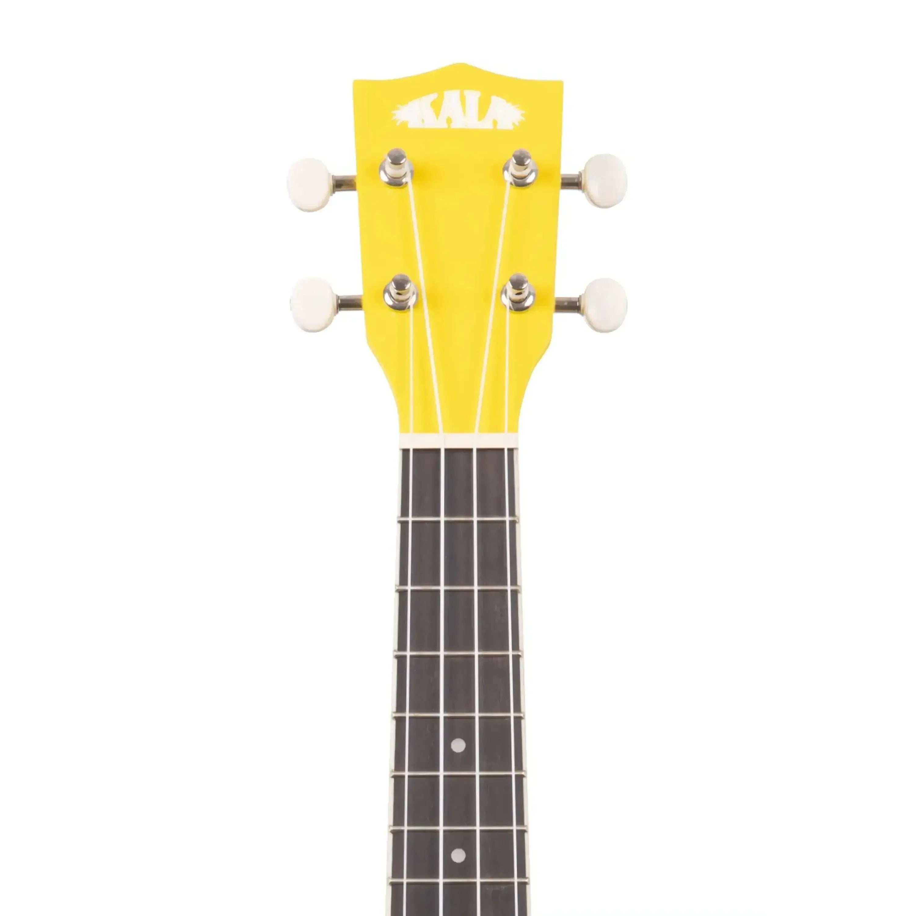 Kala CANDY-LEM Lemon Drop Concert Ukulele headstock, bright yellow with white tuning pegs.