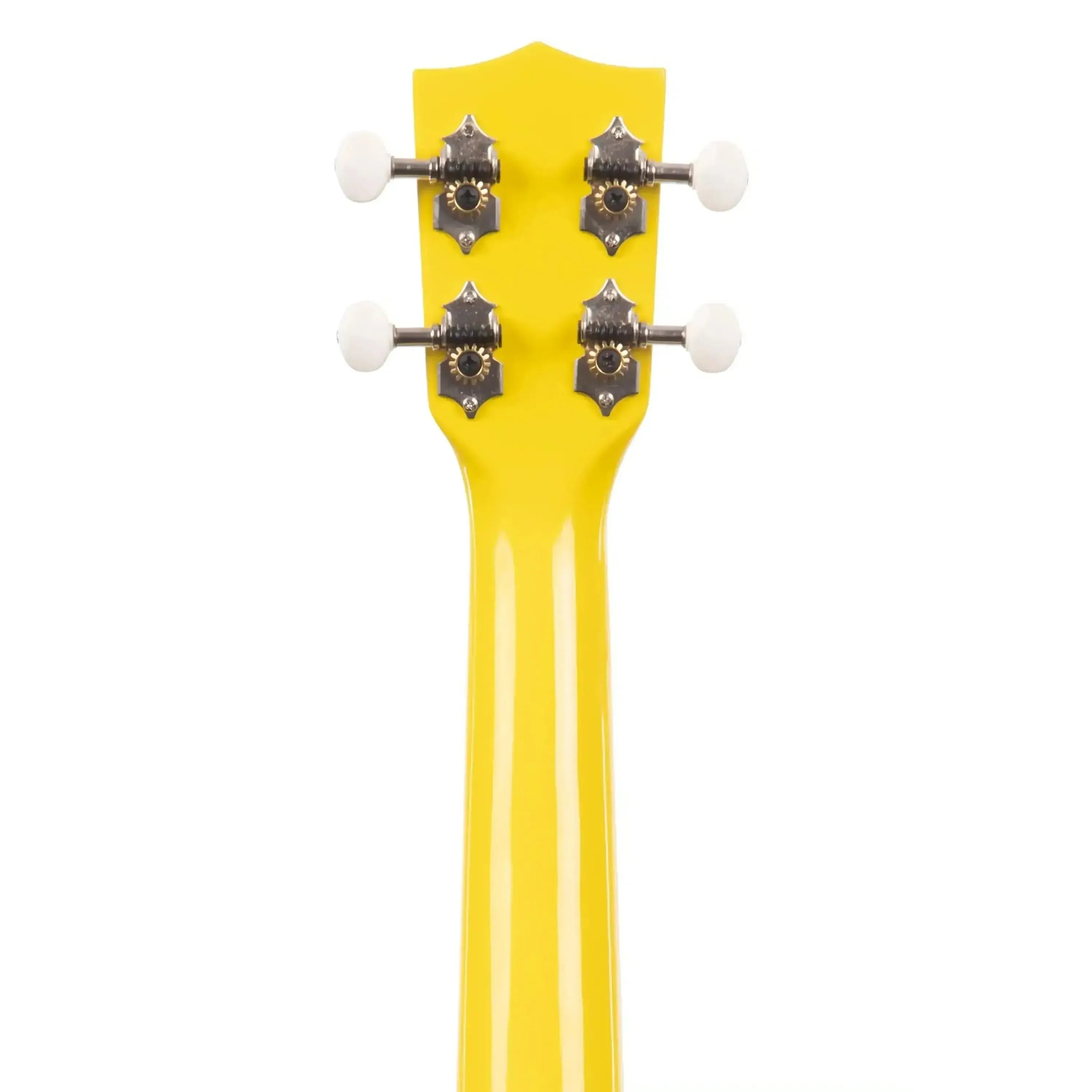 Kala CANDY-LEM Lemon Drop Concert Ukulele headstock and neck, glossy yellow finish, white tuning pegs.