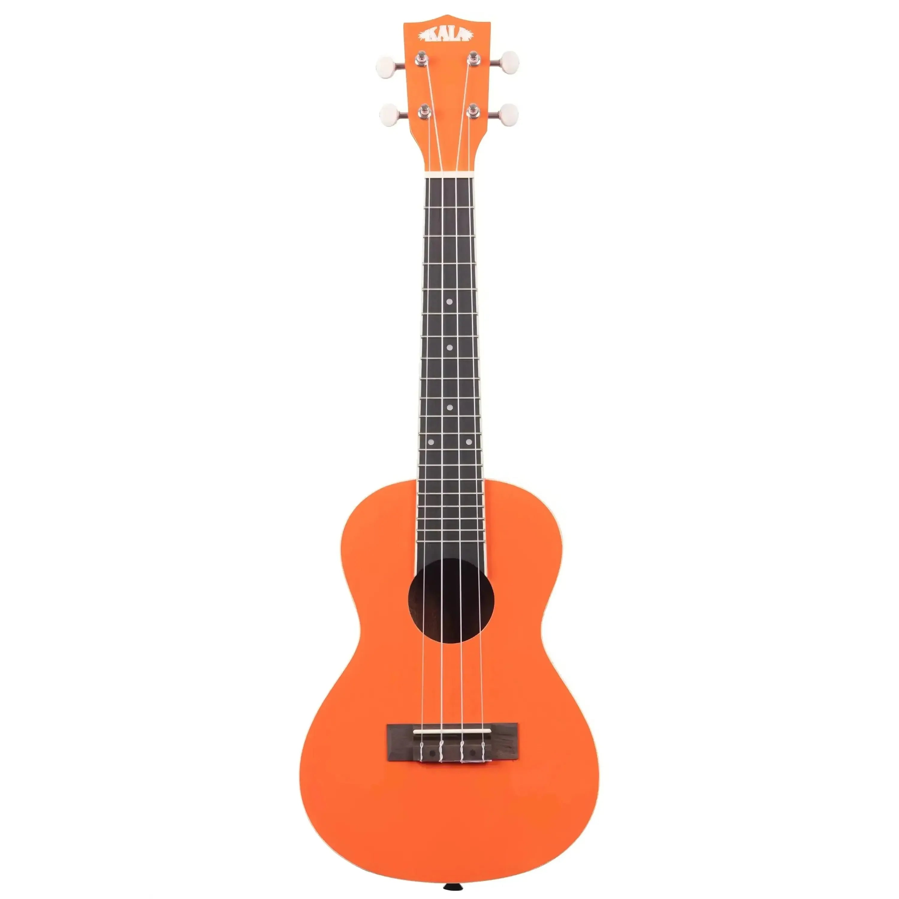 Kala CANDY-ORG So Orange Basswood Concert Ukulele with white tuners and black fretboard.
