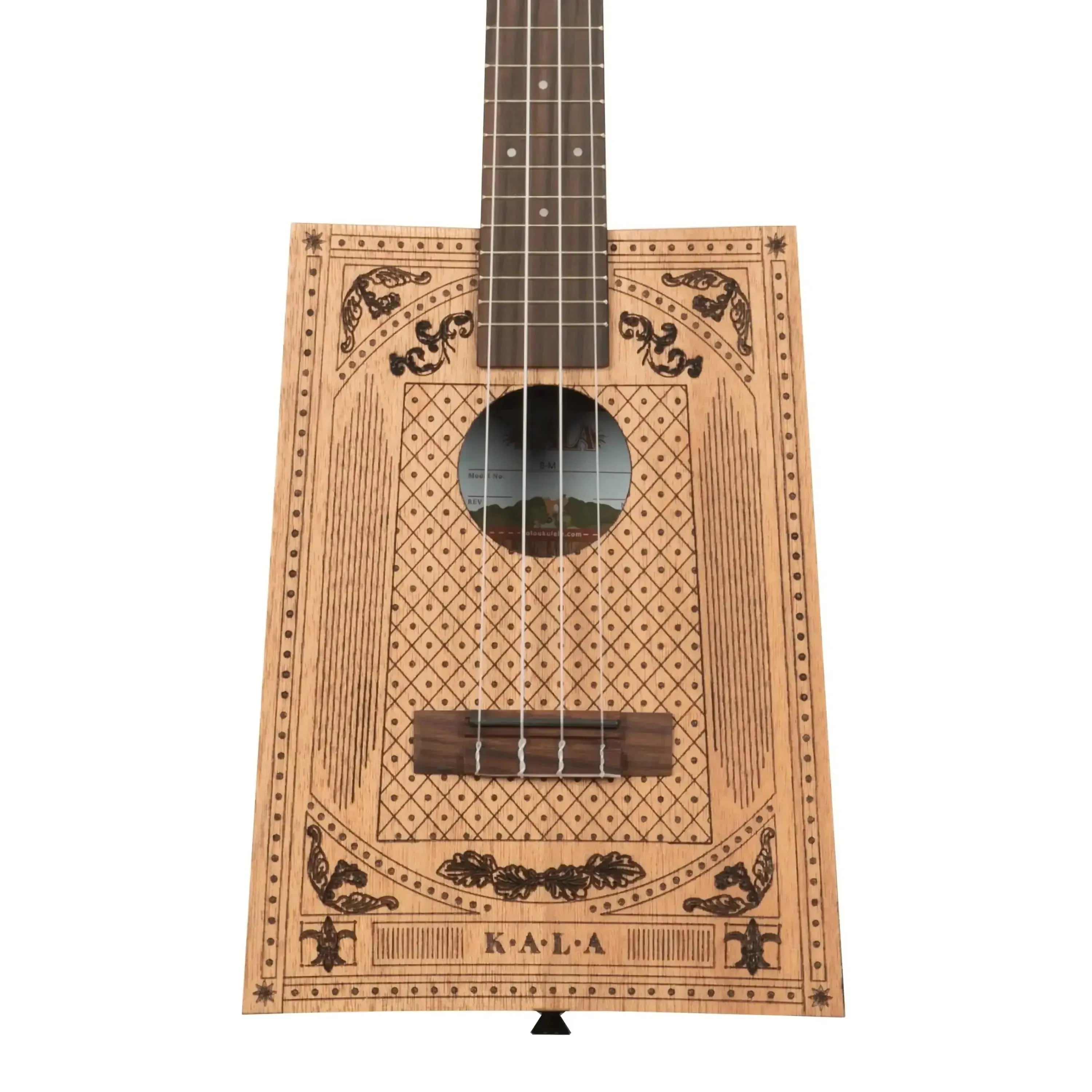 Kala Victorian Cigarbox Concert Ukulele with ornate laser-etched wood design and round soundhole.