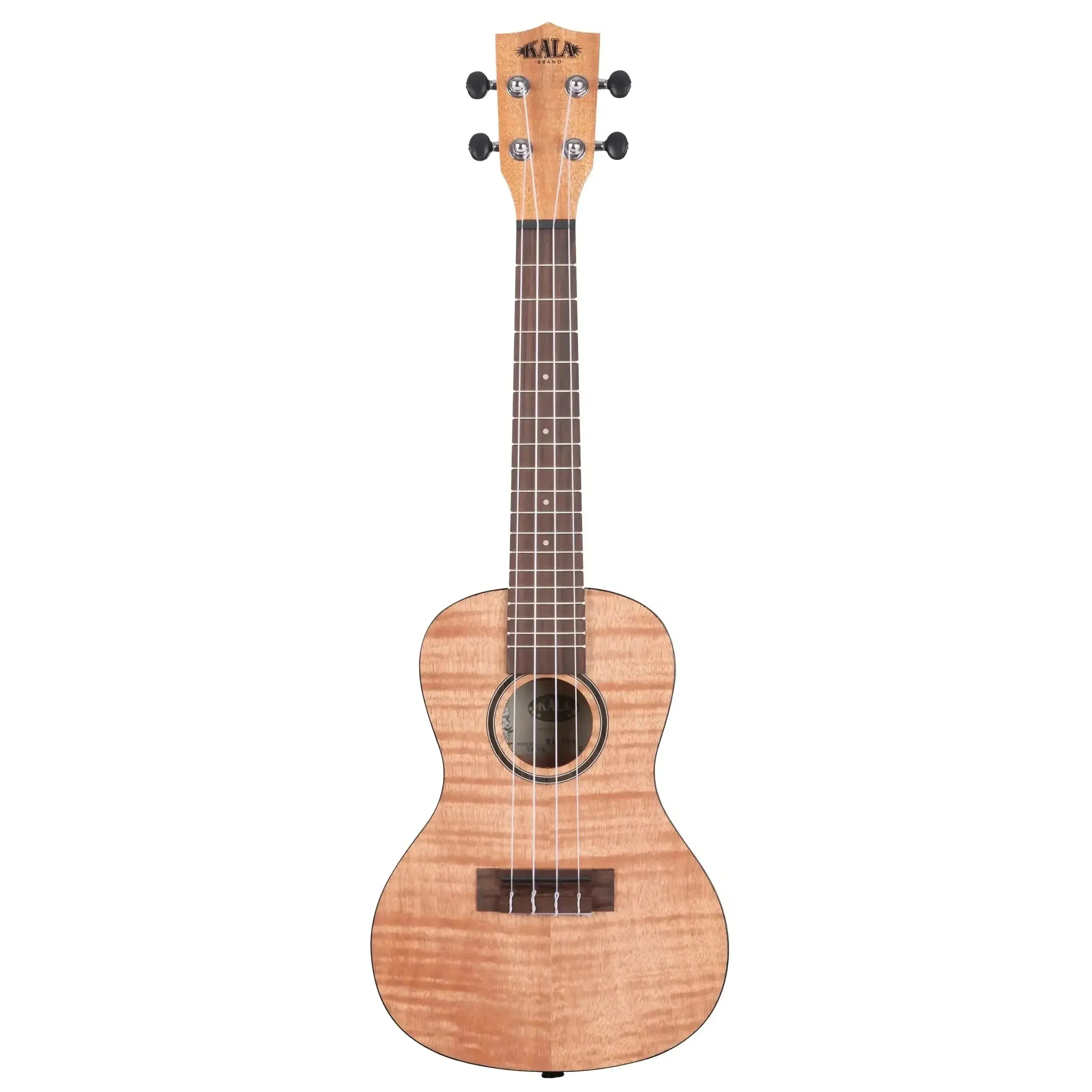 Kala CEM Exotic Mahogany Concert Ukulele with light wood grain, black binding, and rosewood fretboard.