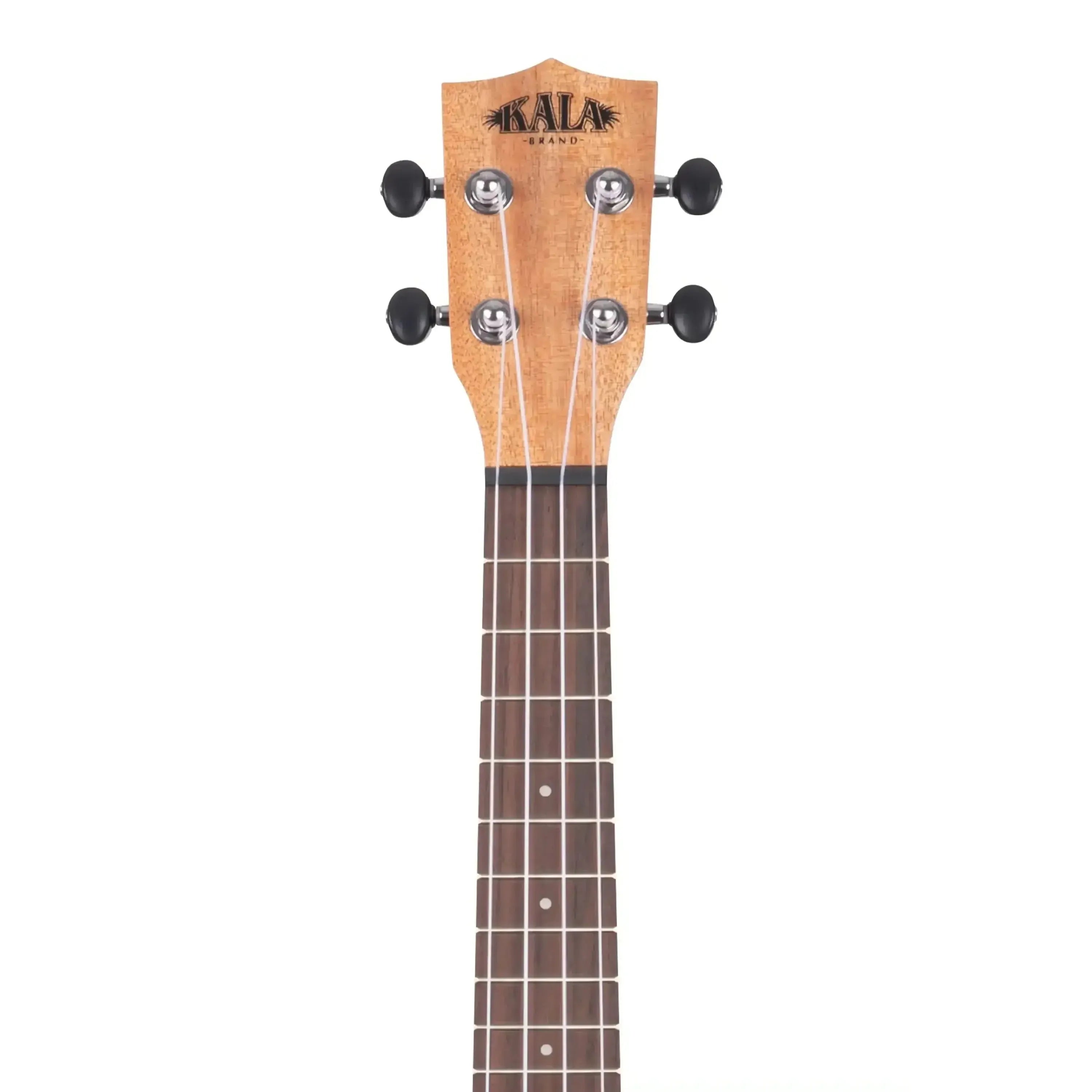 Kala Exotic Mahogany Concert Ukulele headstock with black tuners and rosewood fretboard.