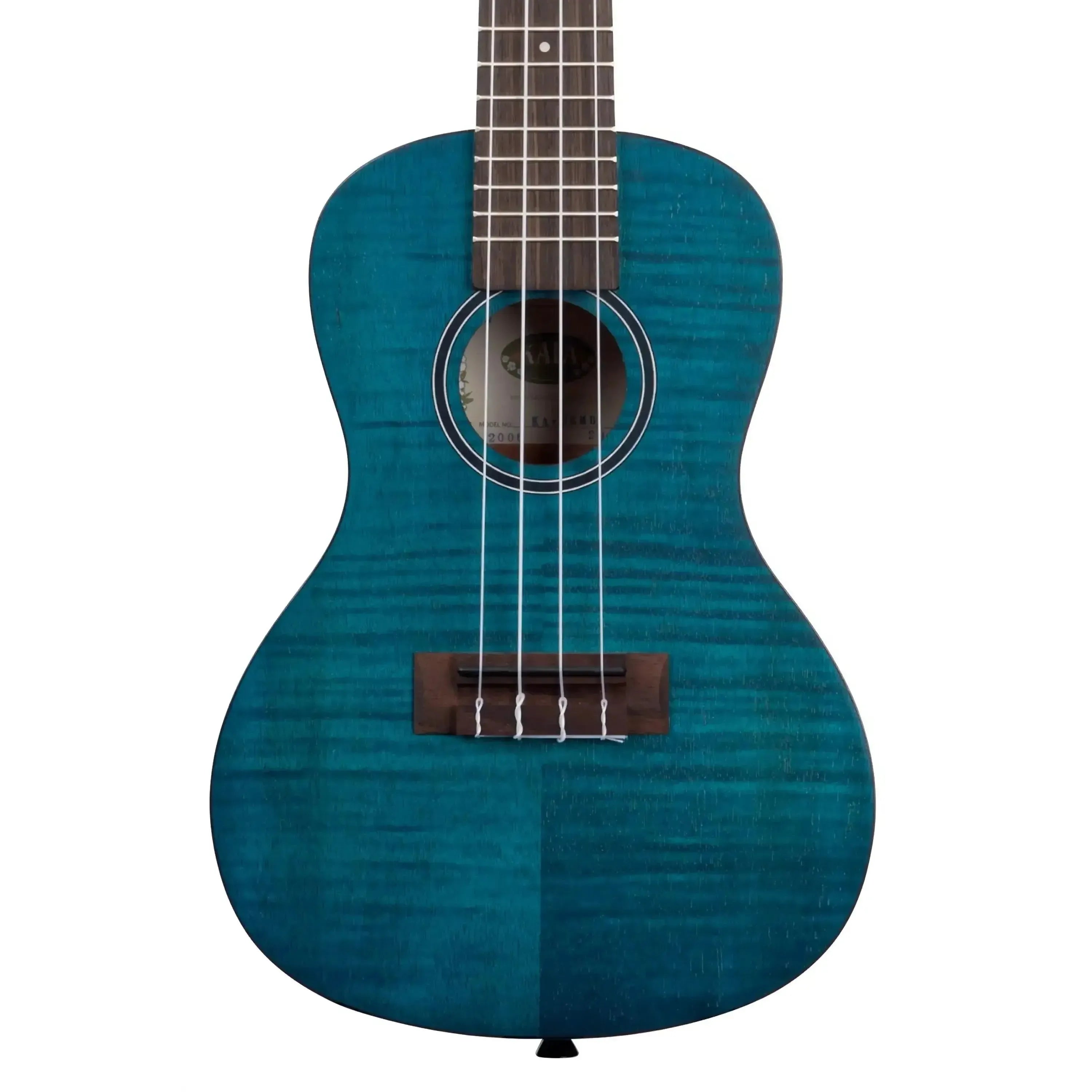 Kala CEMB Blue Exotic Mahogany Concert Ukulele with black binding and rosewood fretboard.