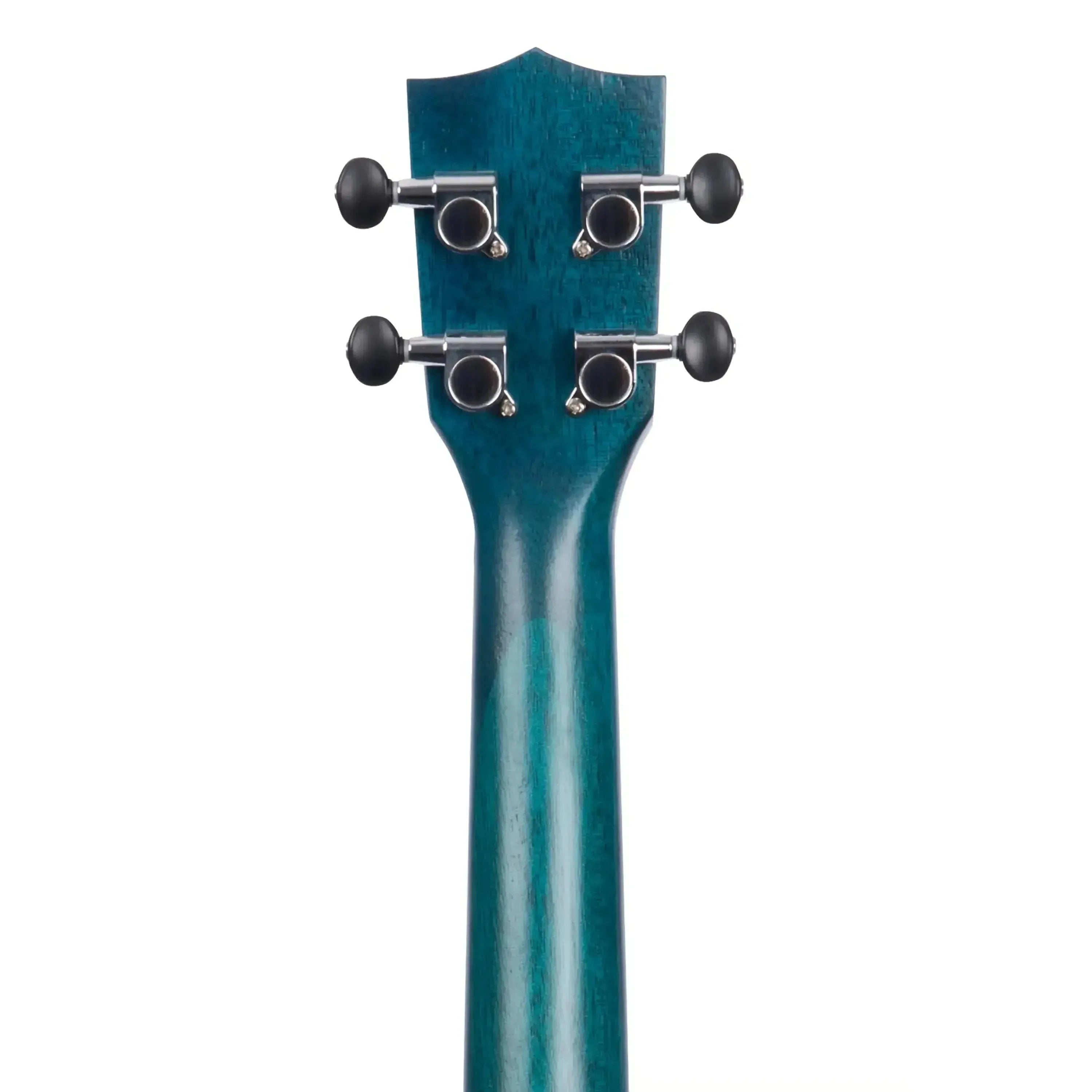 Back of Kala CEMB Blue Exotic Mahogany Concert Ukulele headstock and neck with black tuning pegs.