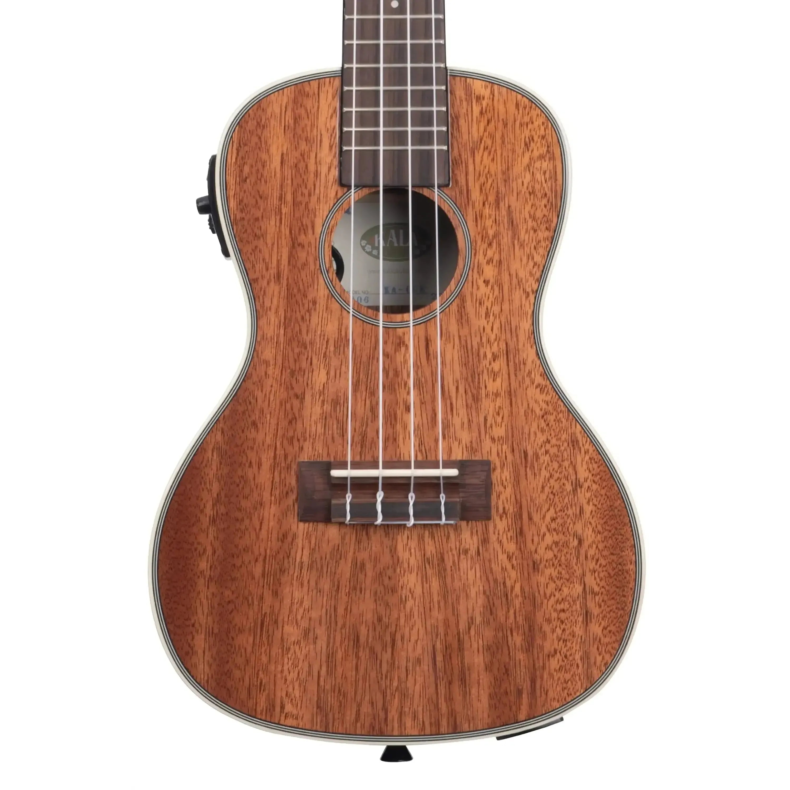 Kala CGE Gloss Mahogany Concert Ukulele with EQ, cream binding, and rosewood fretboard.