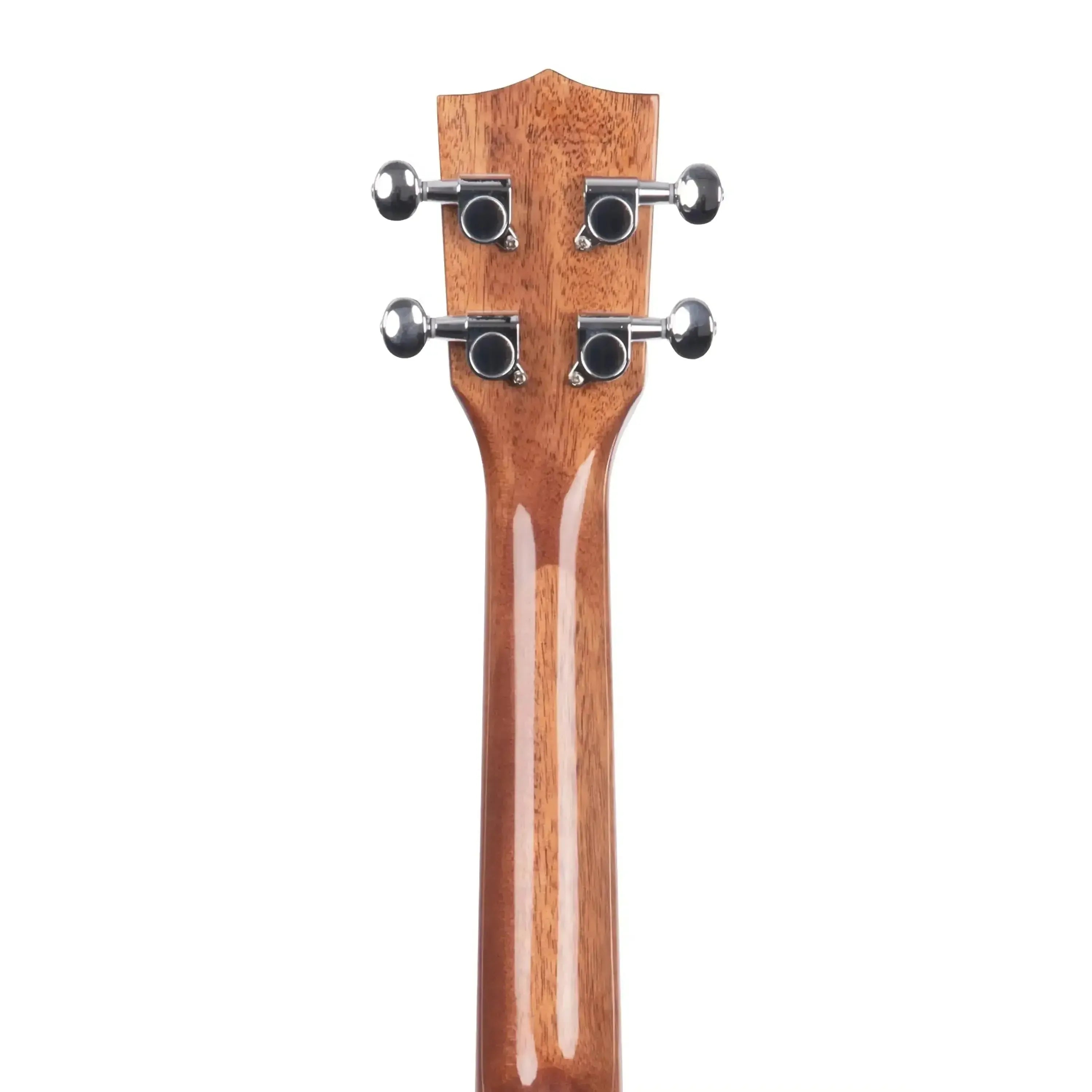Kala CGE Gloss Mahogany Concert Ukulele headstock and neck with chrome tuners.