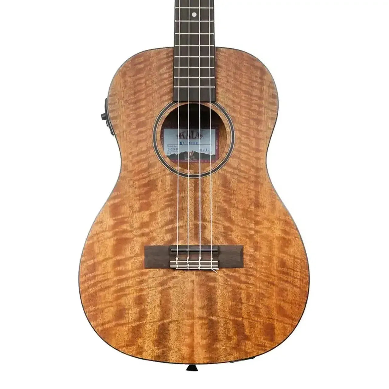 Kala CM-BE Curly Mango Baritone Ukulele with EQ, natural wood finish, black binding, and rosette.