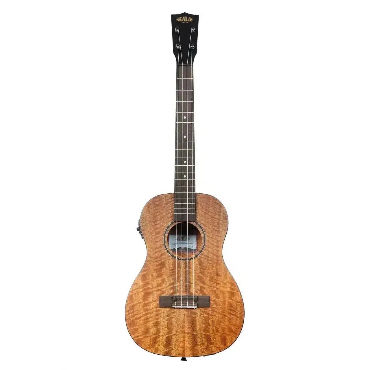 Kala CM-BE Curly Mango Baritone Ukulele with EQ, natural wood finish, black binding, and rosewood fretboard.