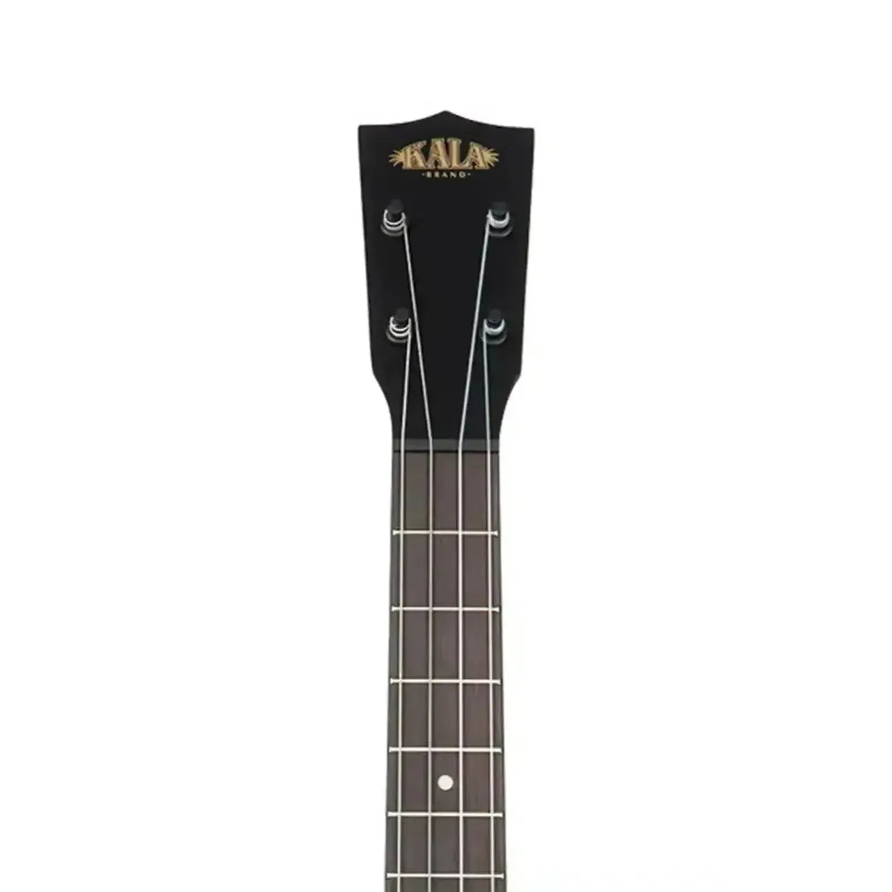 Kala Curly Mango Baritone Ukulele headstock with black finish, gold logo, and tuning pegs.