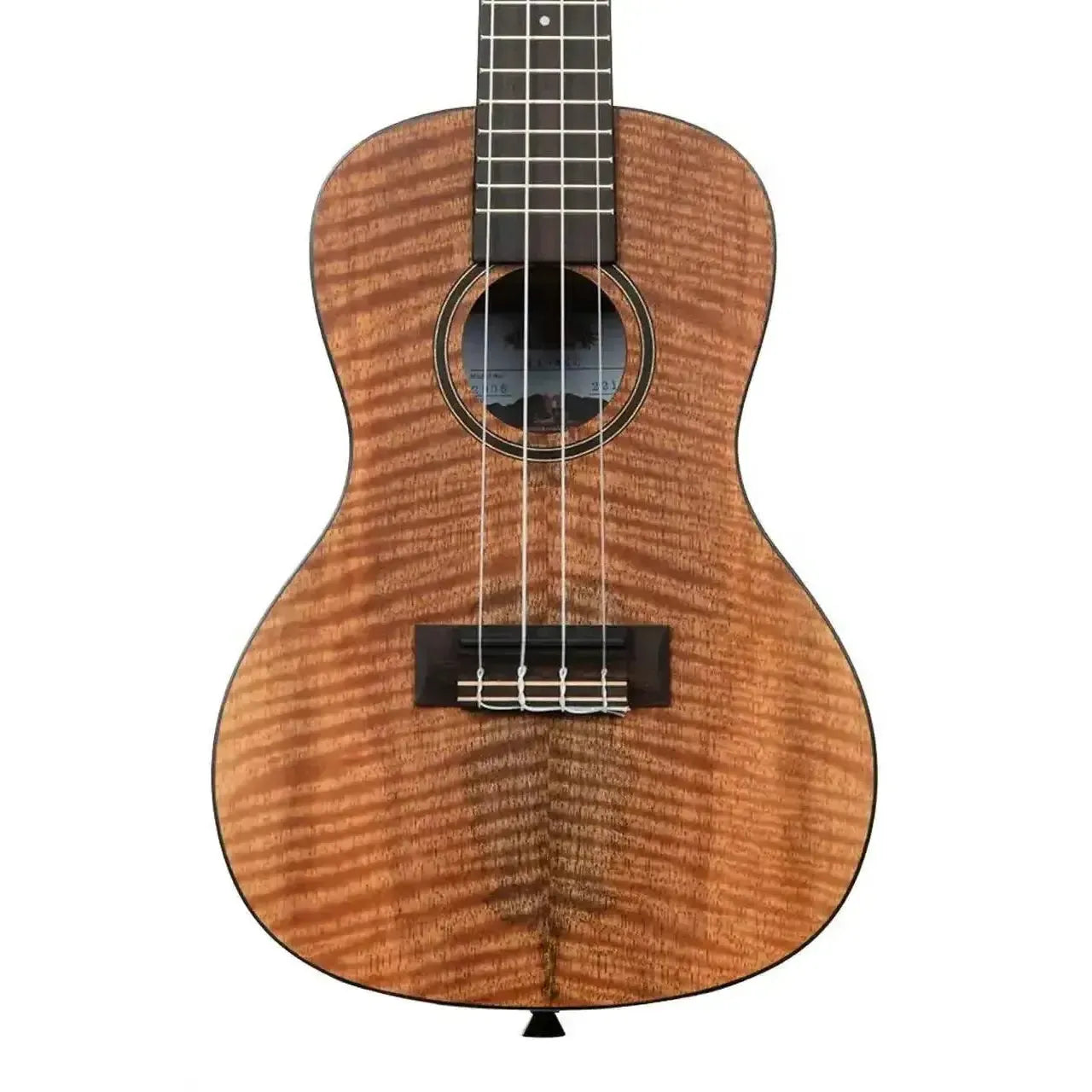 Kala CM-C Curly Mango Concert Ukulele with wavy wood grain and dark bridge.