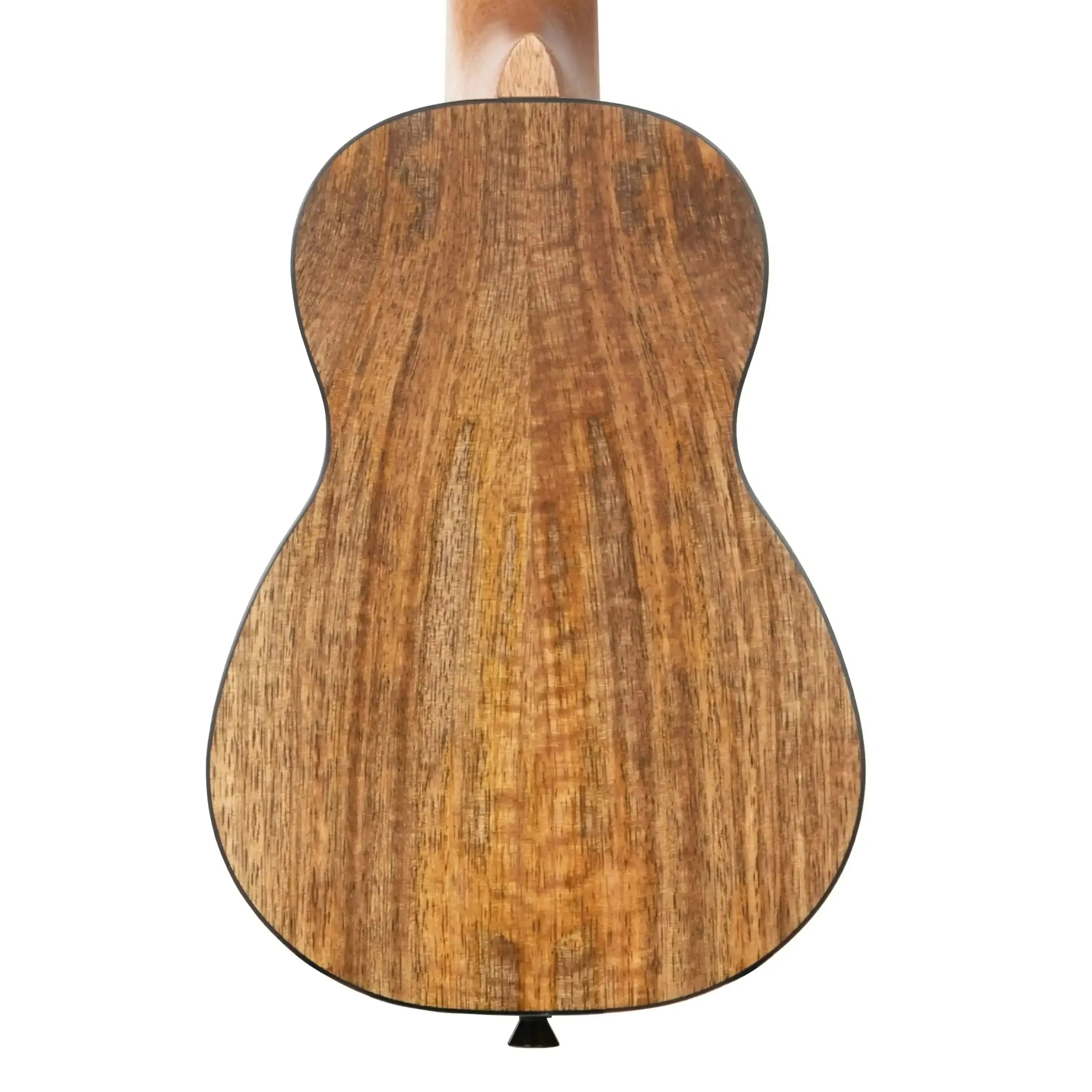 Back of a Kala Curly Mango Longneck Soprano Ukulele, showing its warm brown wood grain and black binding.