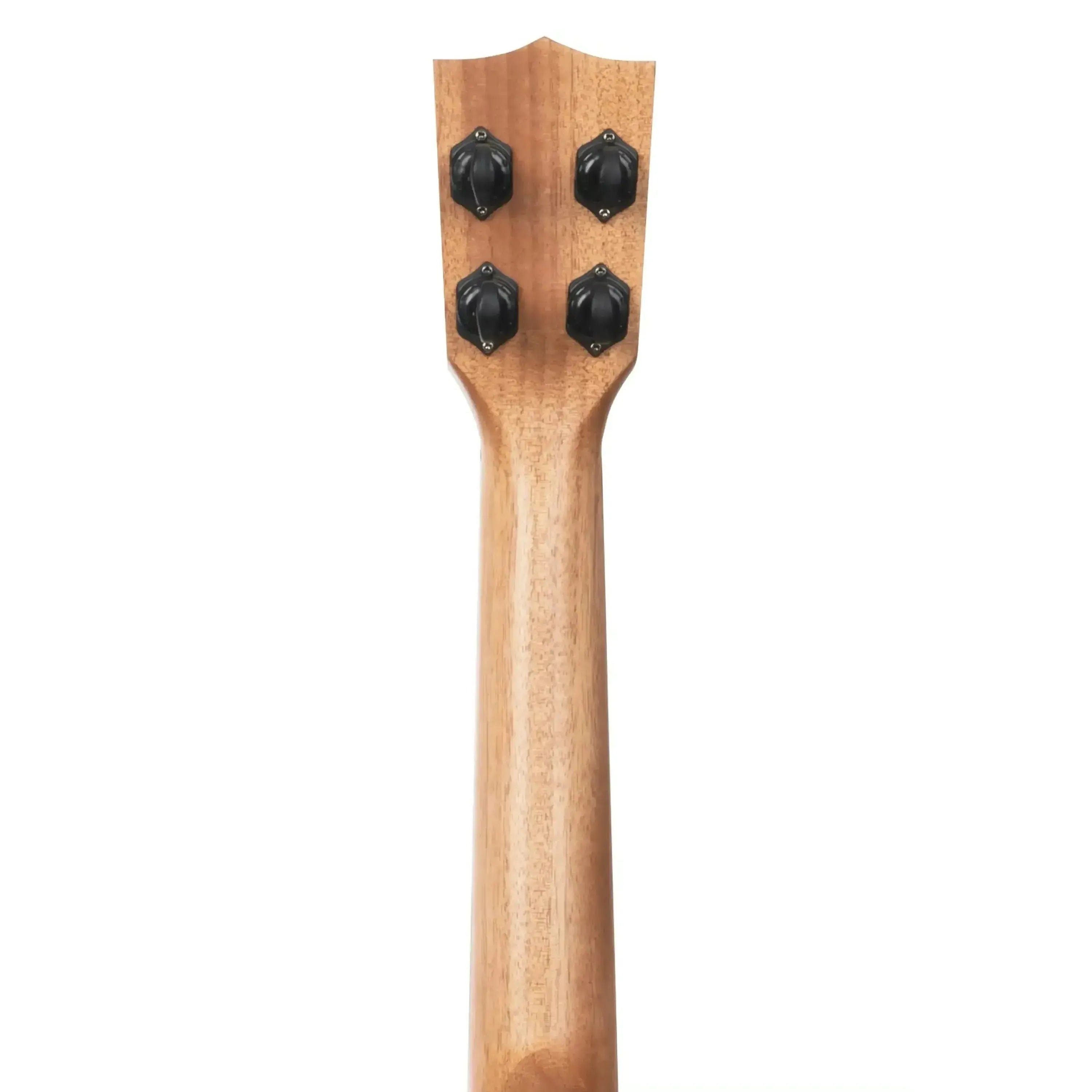 Back of a Kala ukulele neck and headstock with four black tuning pegs on light wood.