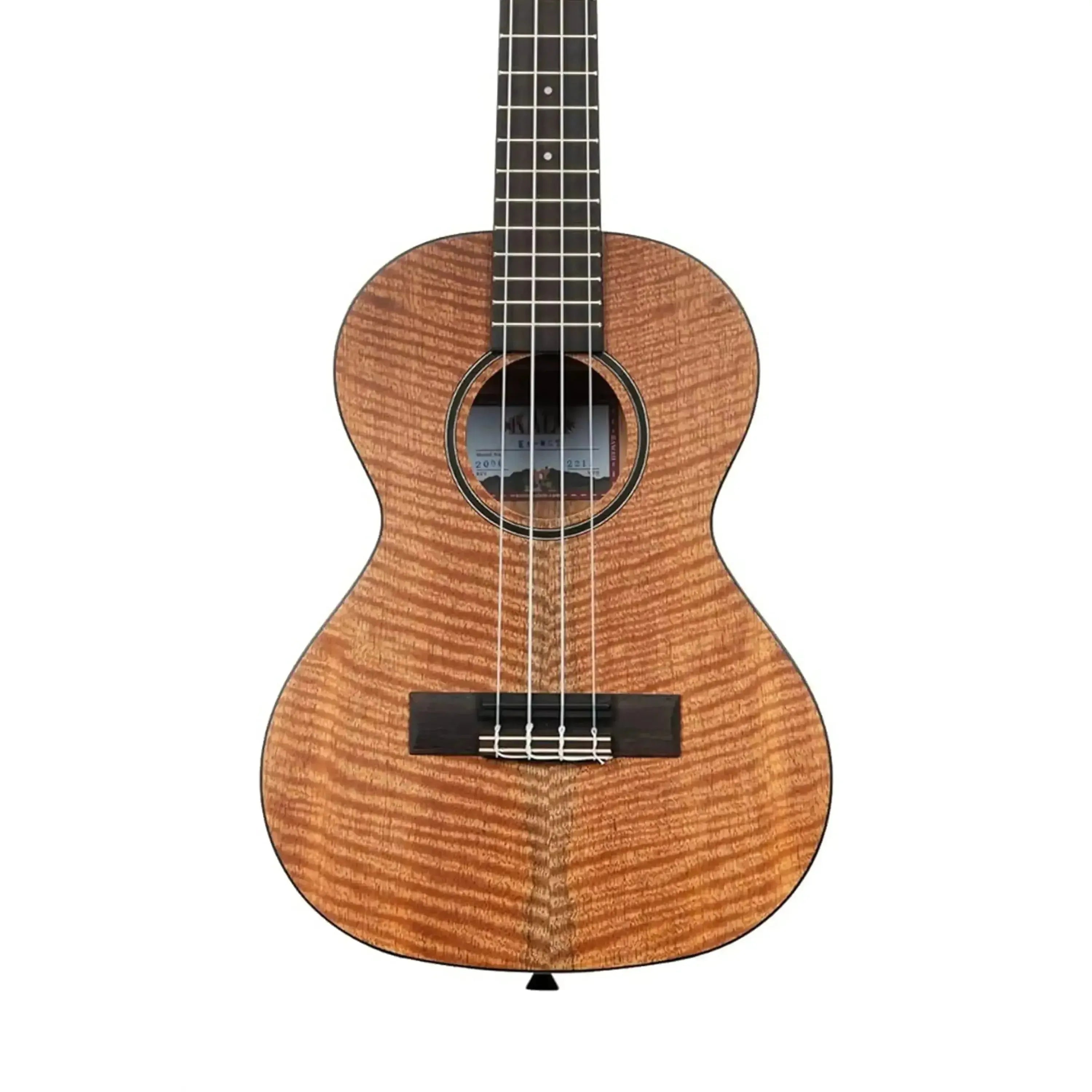 Kala CM-T Curly Mango Tenor Ukulele with warm, wavy wood grain, black binding, and rosette.