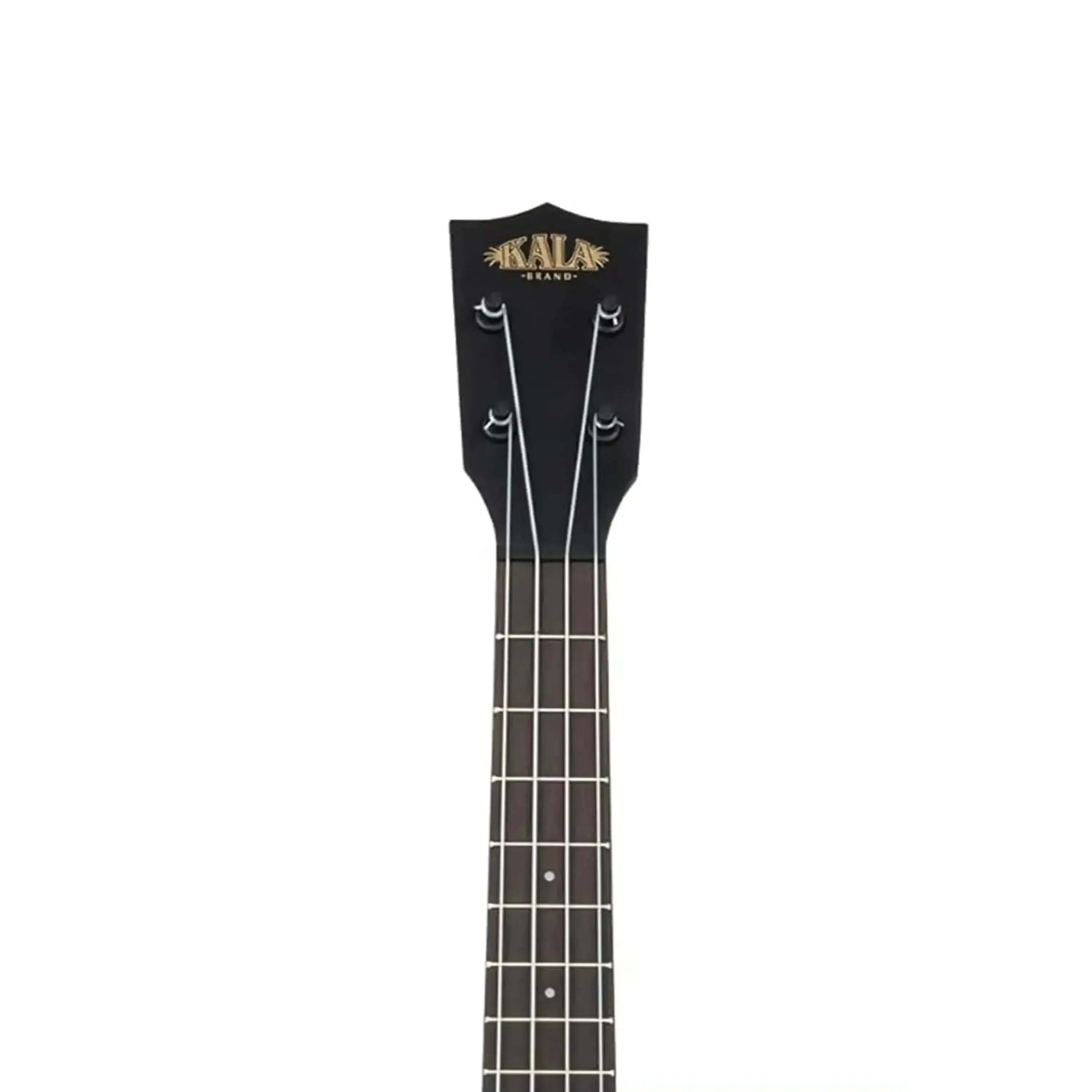 Kala ukulele headstock and fretboard with black finish, gold logo, and white strings.