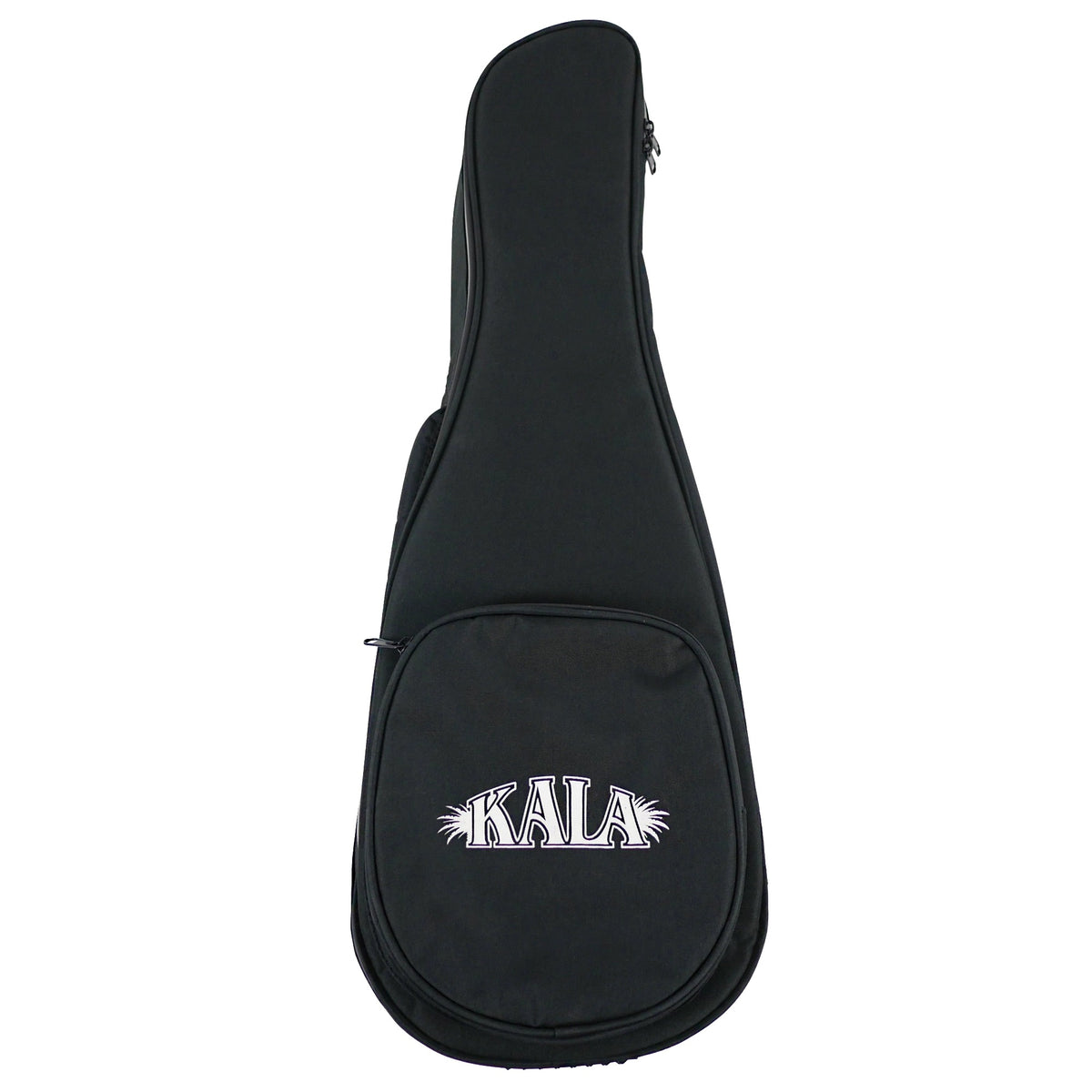 Kala Contour Series Deluxe black baritone ukulele gig bag, front with Kala logo on the zippered pocket.