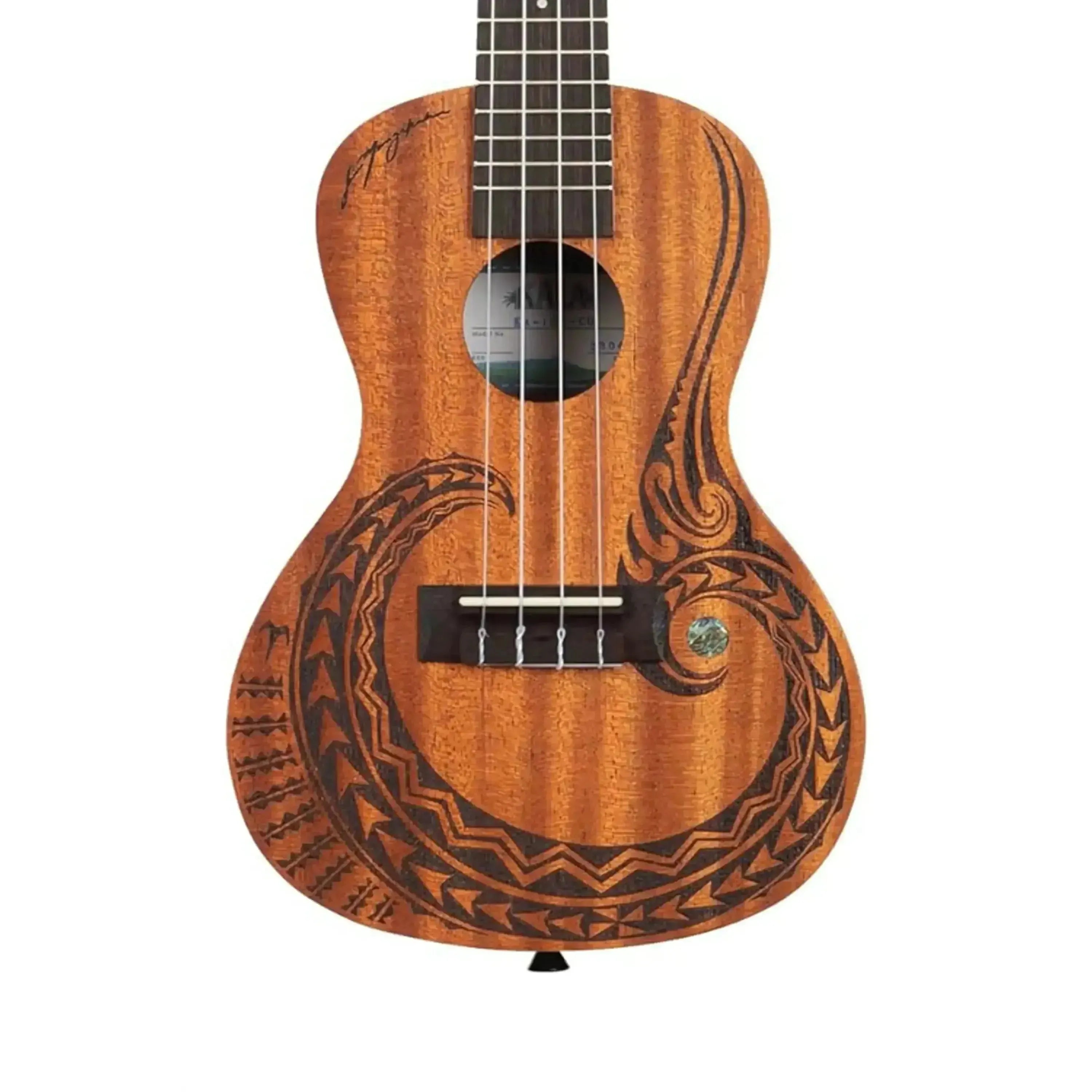 Kala Courage Mahogany Concert Ukulele with tribal tattoo design and satin finish.