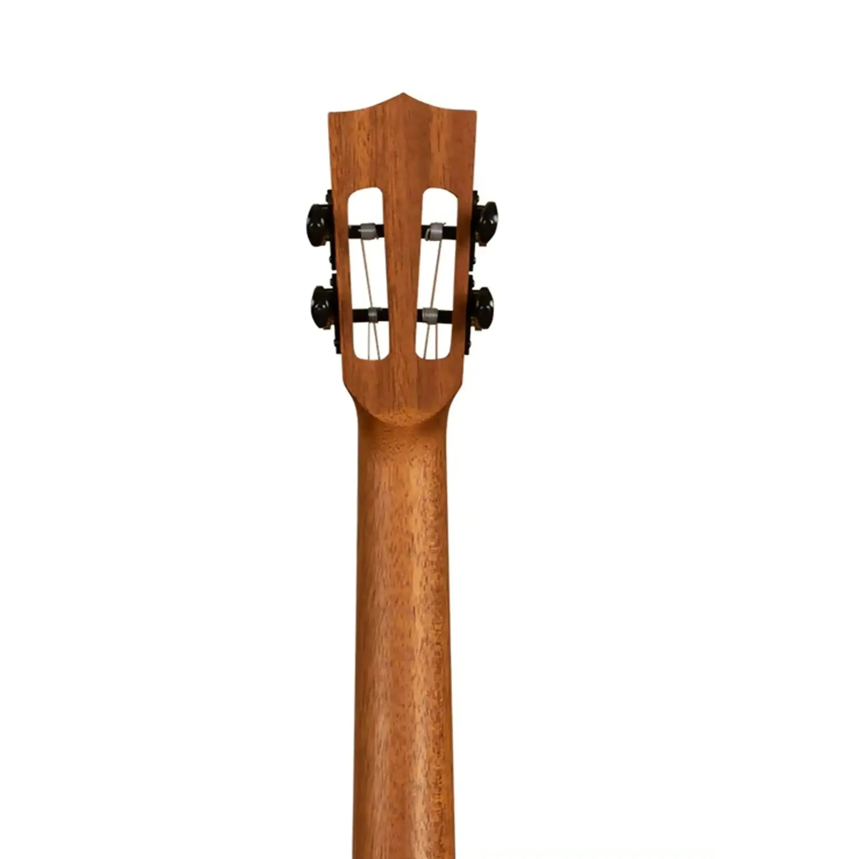 Kala Contour Series Tenor Ukulele's mahogany neck and slotted headstock with black tuners.