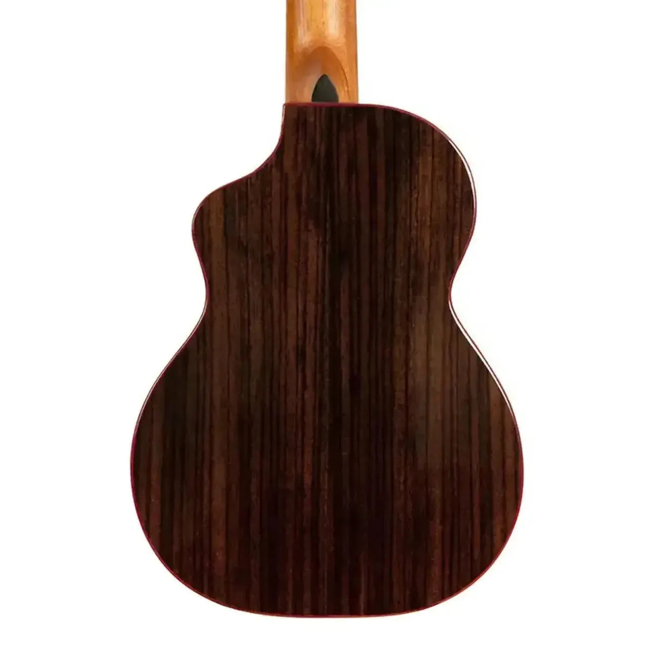 Kala Contour Tenor Ukulele back, dark rosewood grain, gloss finish, Venetian cutaway, light wood neck.