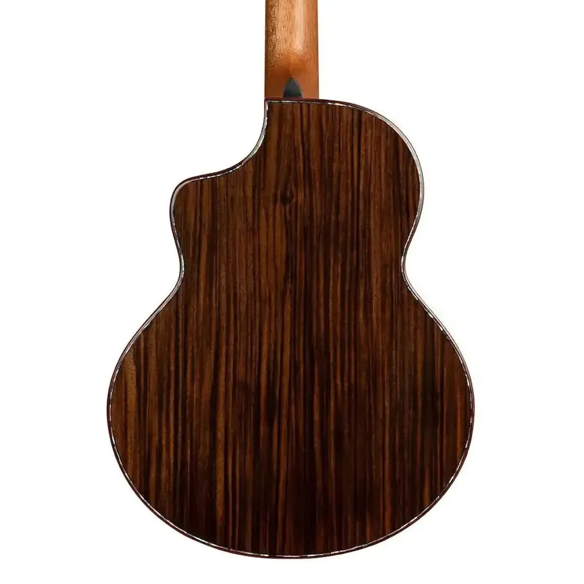 Kala Contour Deluxe Baritone Ukulele back, solid rosewood with dark grain and purpleheart binding.